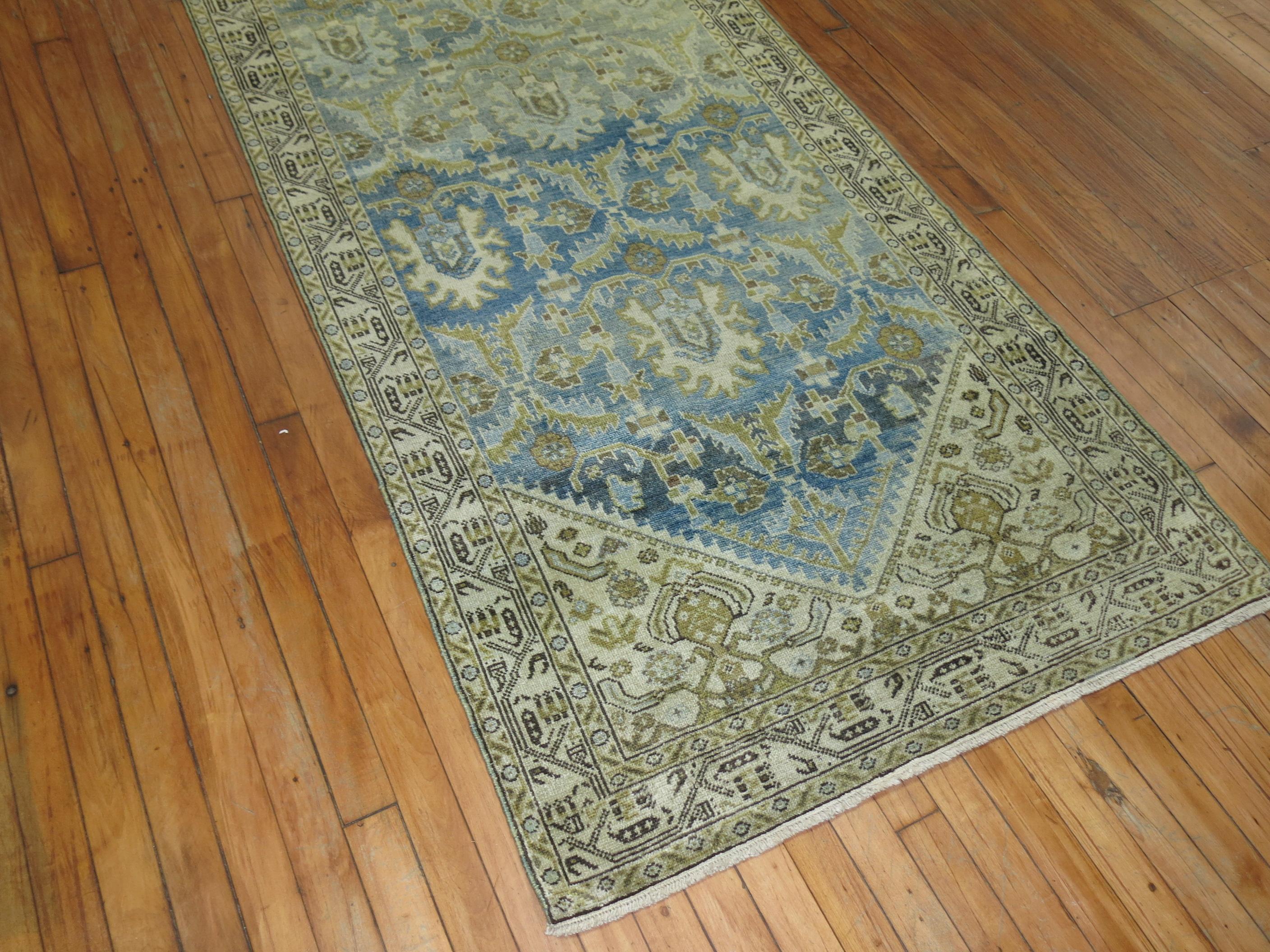 Hand-Knotted Sky Blue Chartreuse Persian Malayer Runner, Early 20th Century
