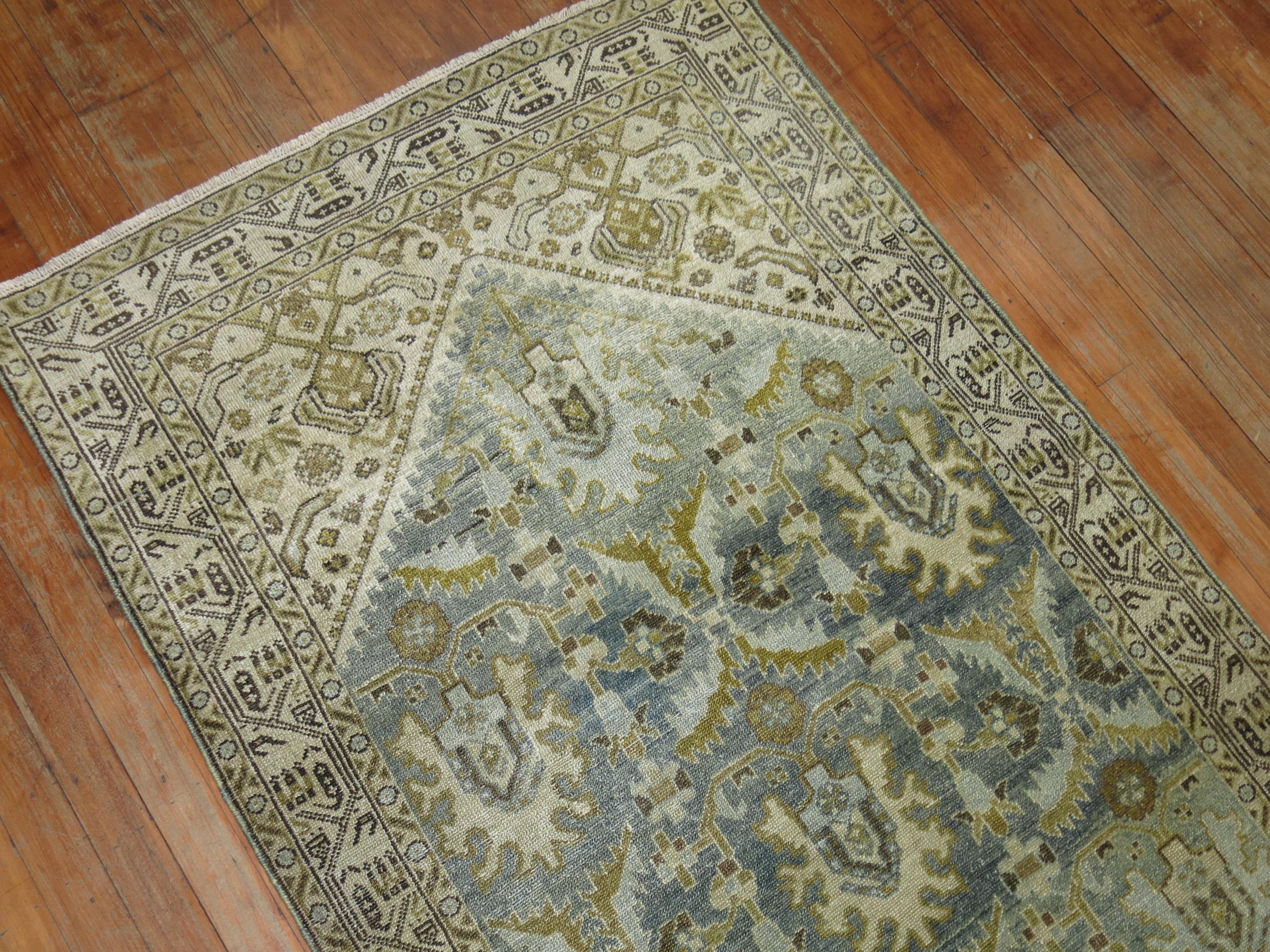 Sky Blue Chartreuse Persian Malayer Runner, Early 20th Century In Good Condition In New York, NY