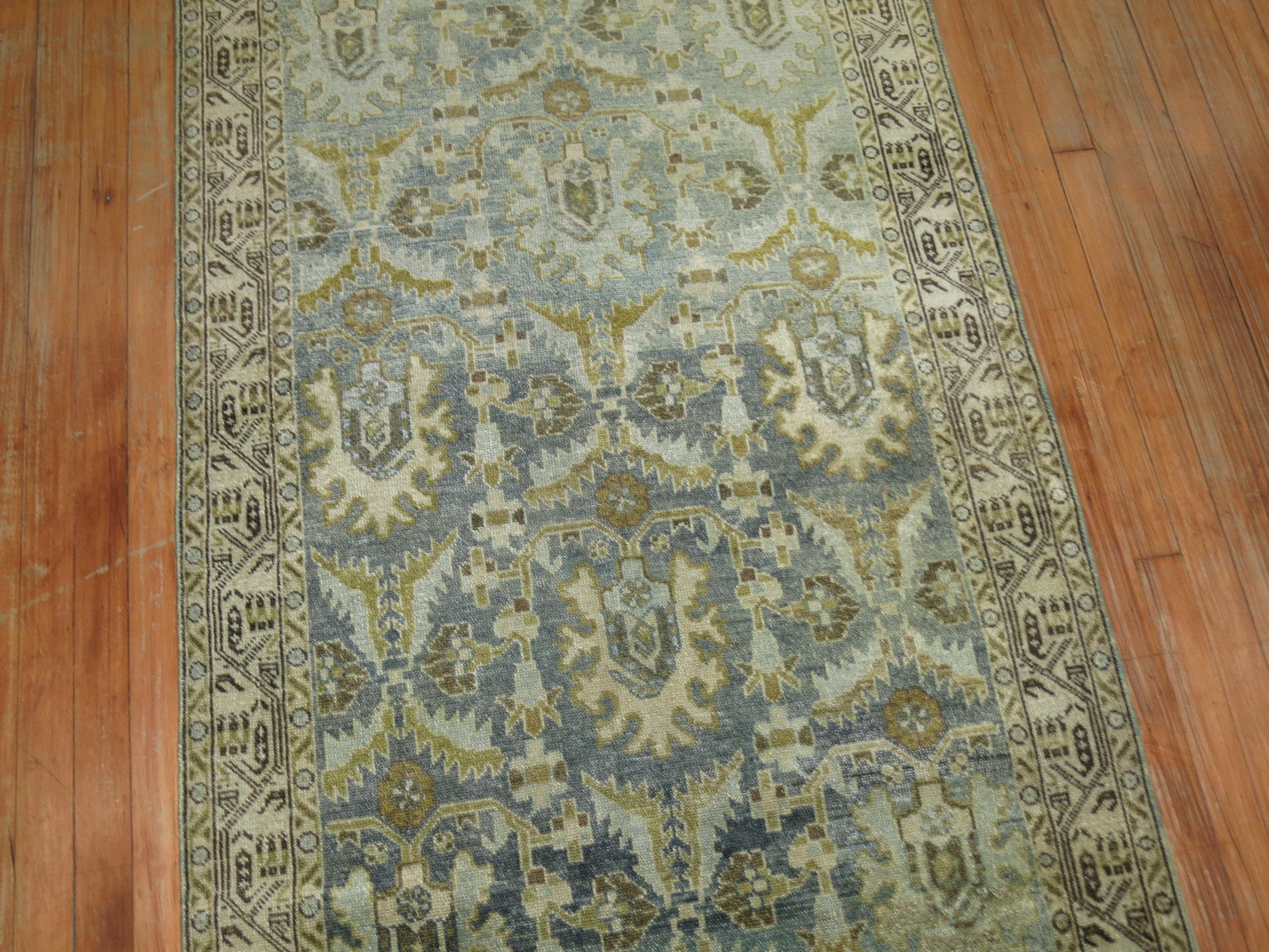 Wool Sky Blue Chartreuse Persian Malayer Runner, Early 20th Century