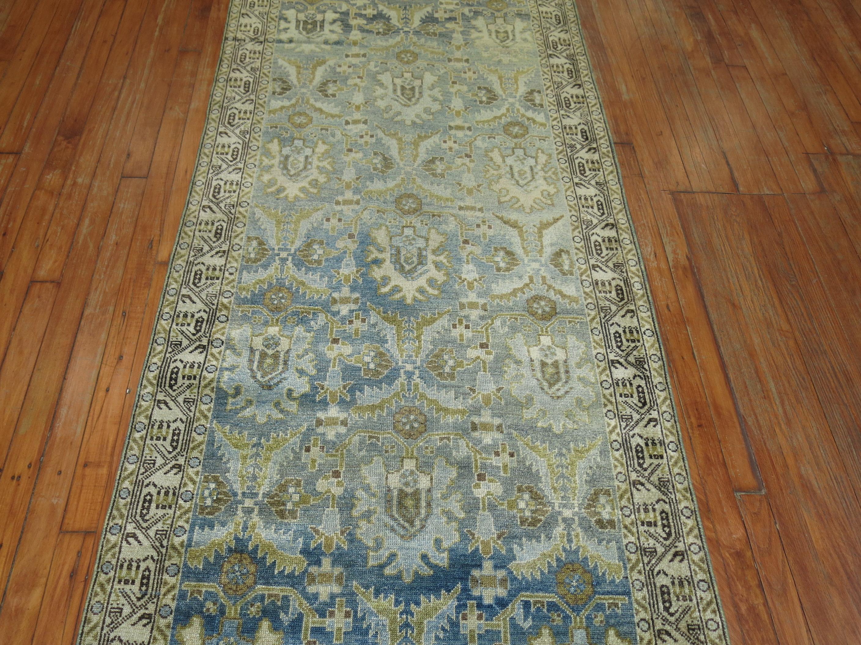 Sky Blue Chartreuse Persian Malayer Runner, Early 20th Century 1
