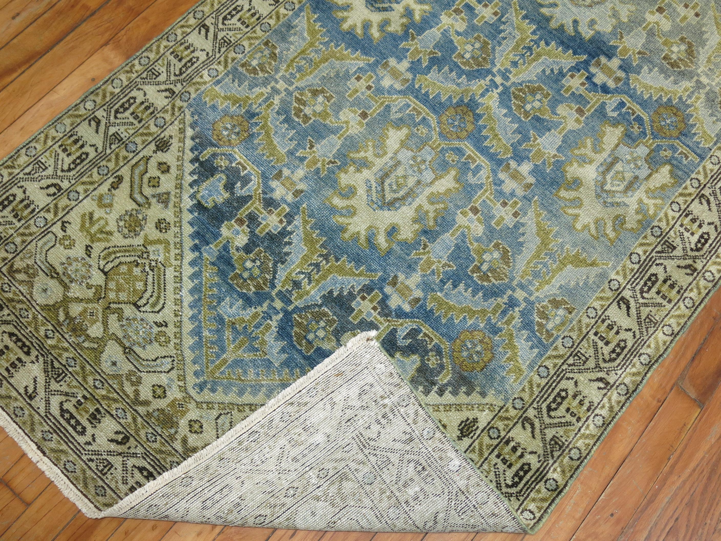 Sky Blue Chartreuse Persian Malayer Runner, Early 20th Century 2