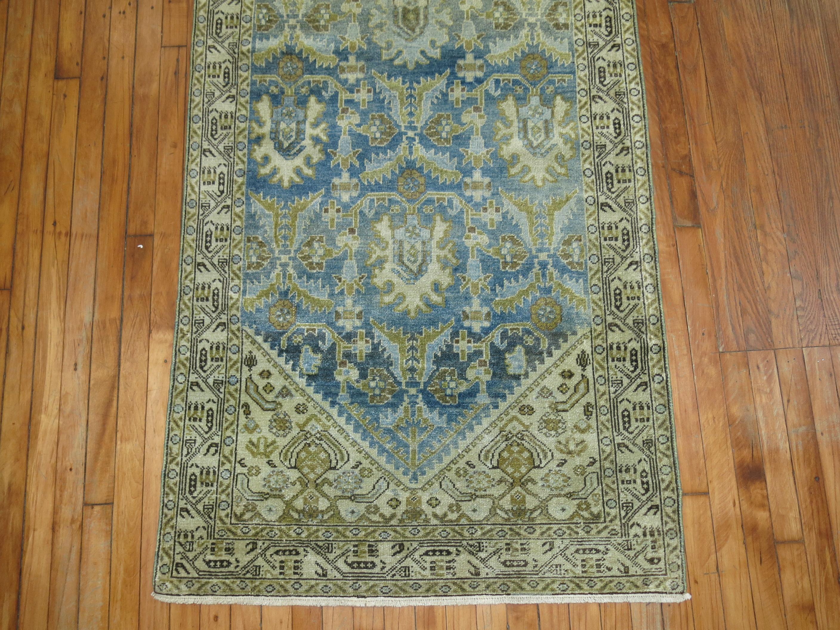 Sky Blue Chartreuse Persian Malayer Runner, Early 20th Century 3