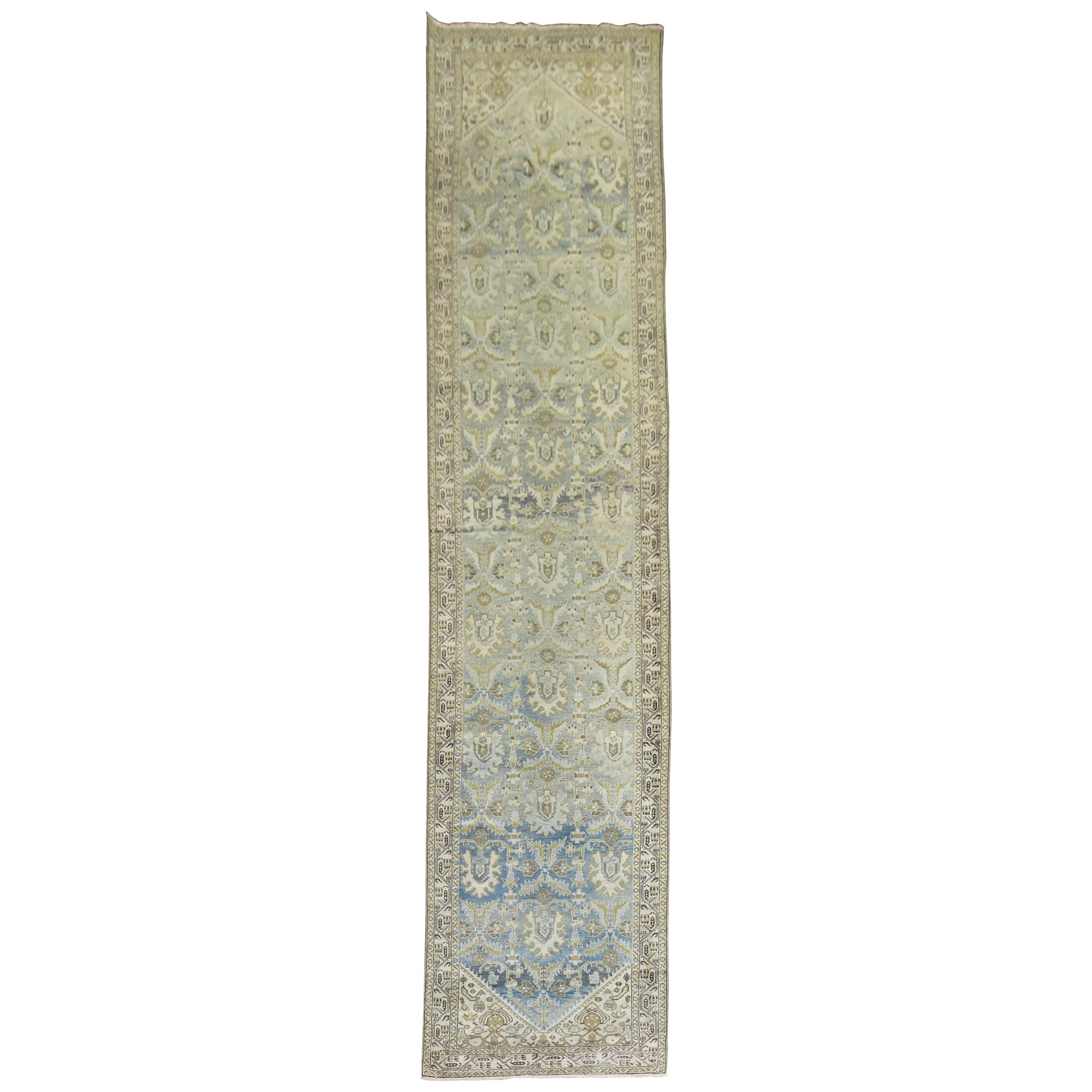Sky Blue Chartreuse Persian Malayer Runner, Early 20th Century