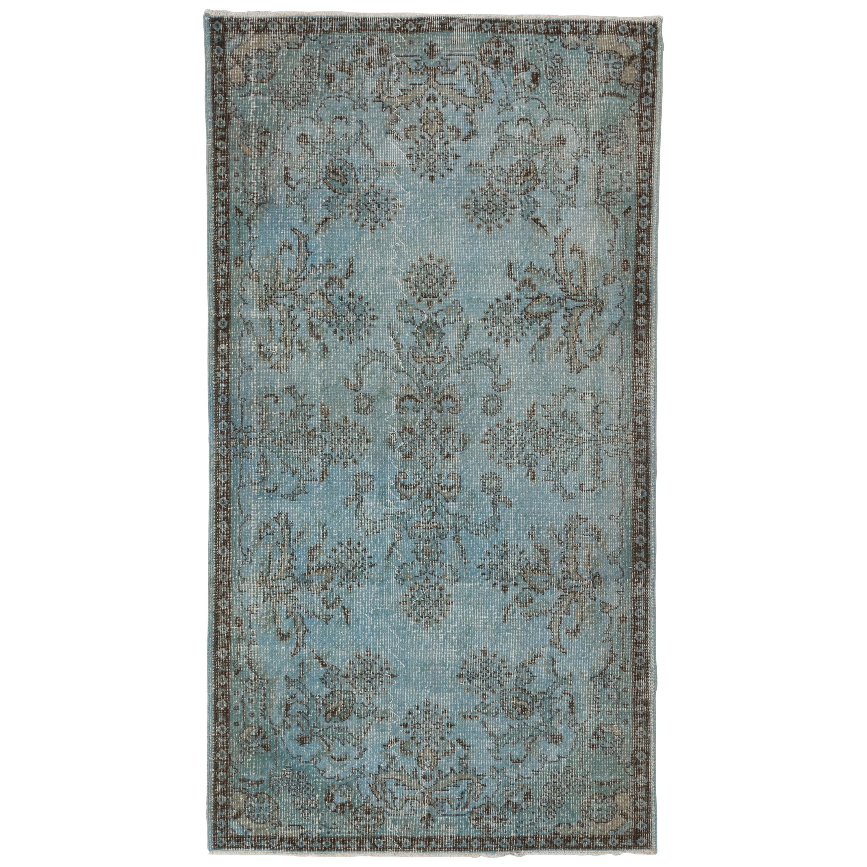 4x7.3 Ft Sky Blue Color Over-Dyed Vintage Rug, French Garden Design Carpet