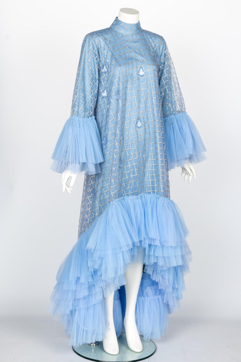 Sky Blue Crystal Tear Drop Couture Gown For Sale at 1stDibs