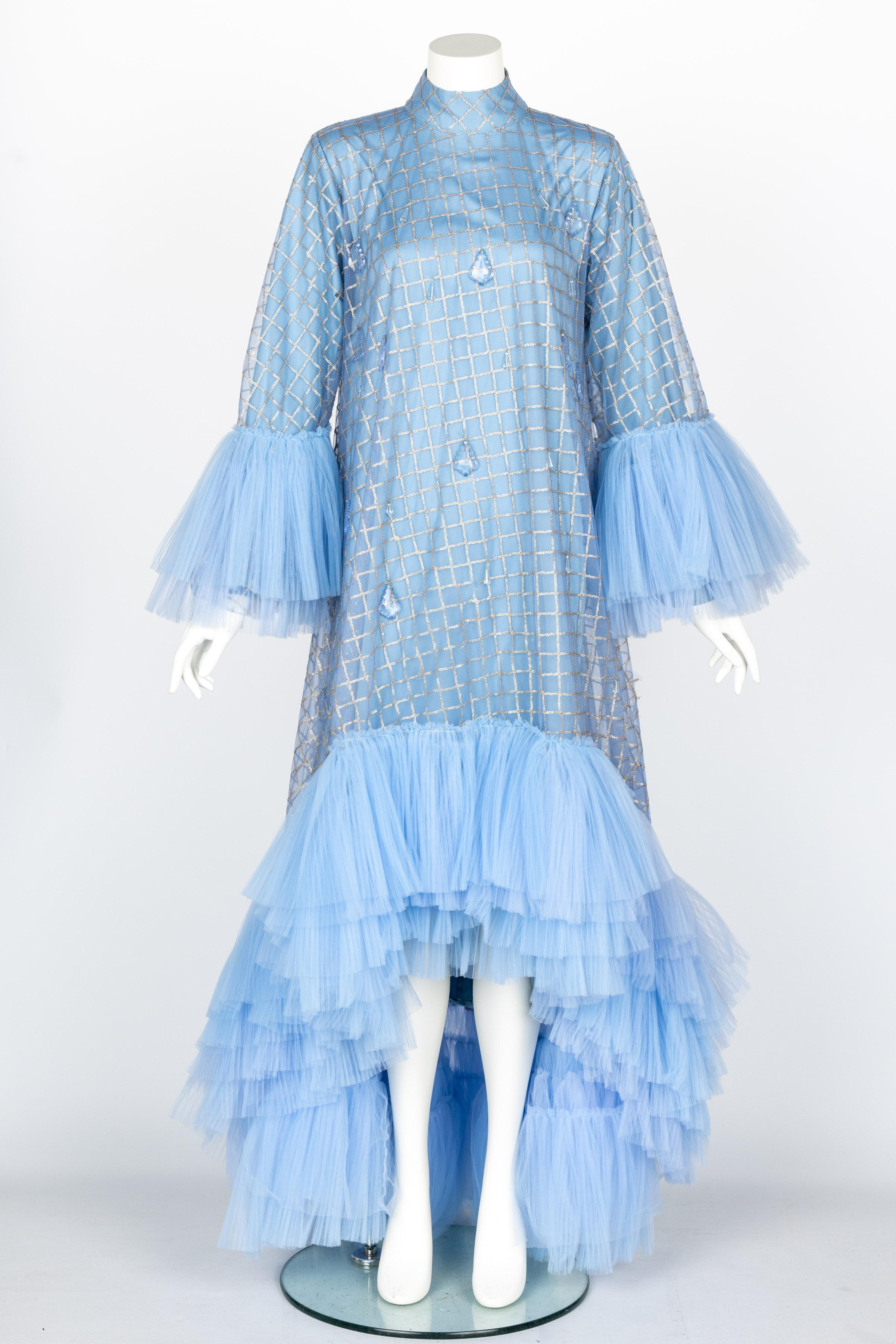 Sky Blue Crystal Tear Drop Couture Gown  In Excellent Condition In Boca Raton, FL