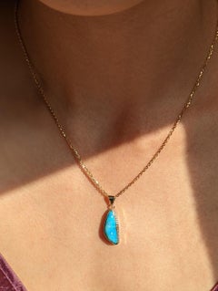Sky Blue Green Australian Boulder Opal Pendant 14k Gold Bezel Set