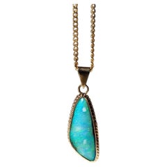 Sky Blue Green Australian Boulder Opal Pendant 14k Gold Bezel Set