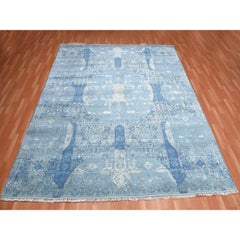 Sky Blue Hand Knotted Jewellery Design Wool and Pure Silk Square Rug 10' x 10'2"