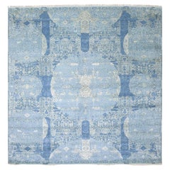 Tapis carré bleu ciel noué à la main, en laine et soie pure 10' x 10'2"