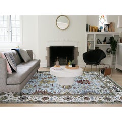 Sky Blue Hand Knotted Pure Wool Agra Large Leaf Design Oriental Rug 9'0" x 12'5"