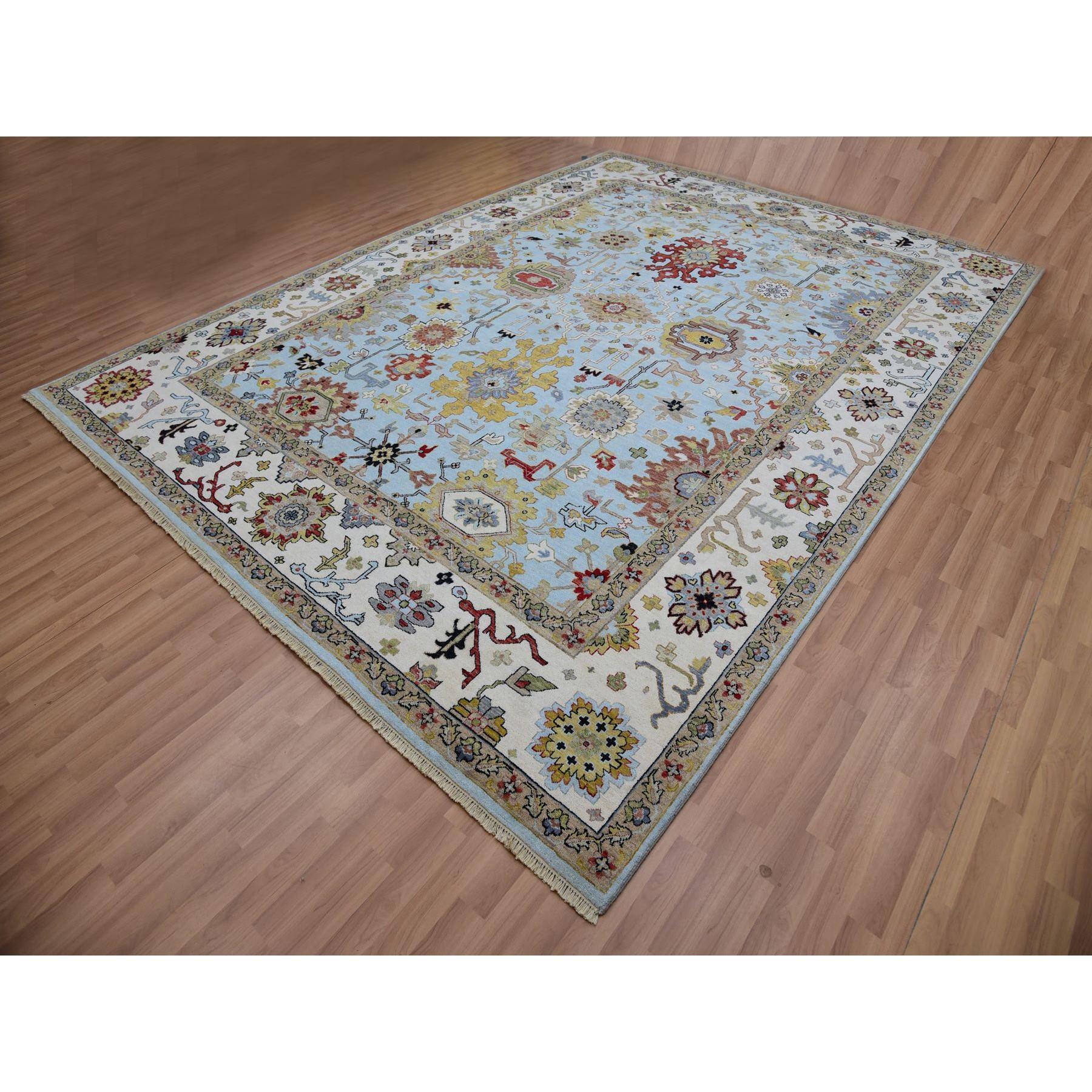 Sky Blue Handgeknüpfter Agra Orientalischer Teppich aus reiner Wolle mit großem Blattdesign 9'0