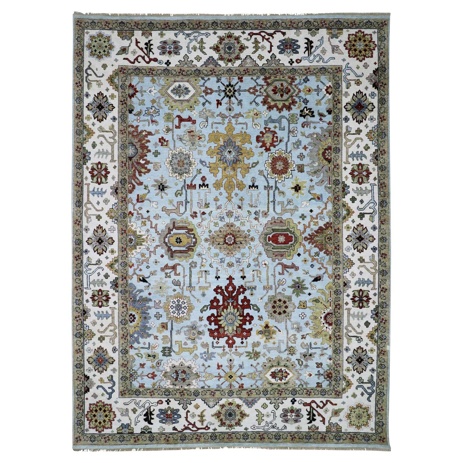 Sky Blue Hand Knotted Pure Wool Agra Large Leaf Design Oriental Rug 9'0" x 12'5"