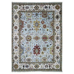 Sky Blue Handgeknüpfter Agra Orientalischer Teppich aus reiner Wolle mit großem Blattdesign 9'0" x 12'5" in Himmelblau