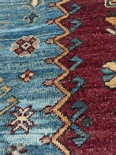 Sky Blue & Maroon Tribal Transitional Rug • Handmade Ghazni Wool, 9×12