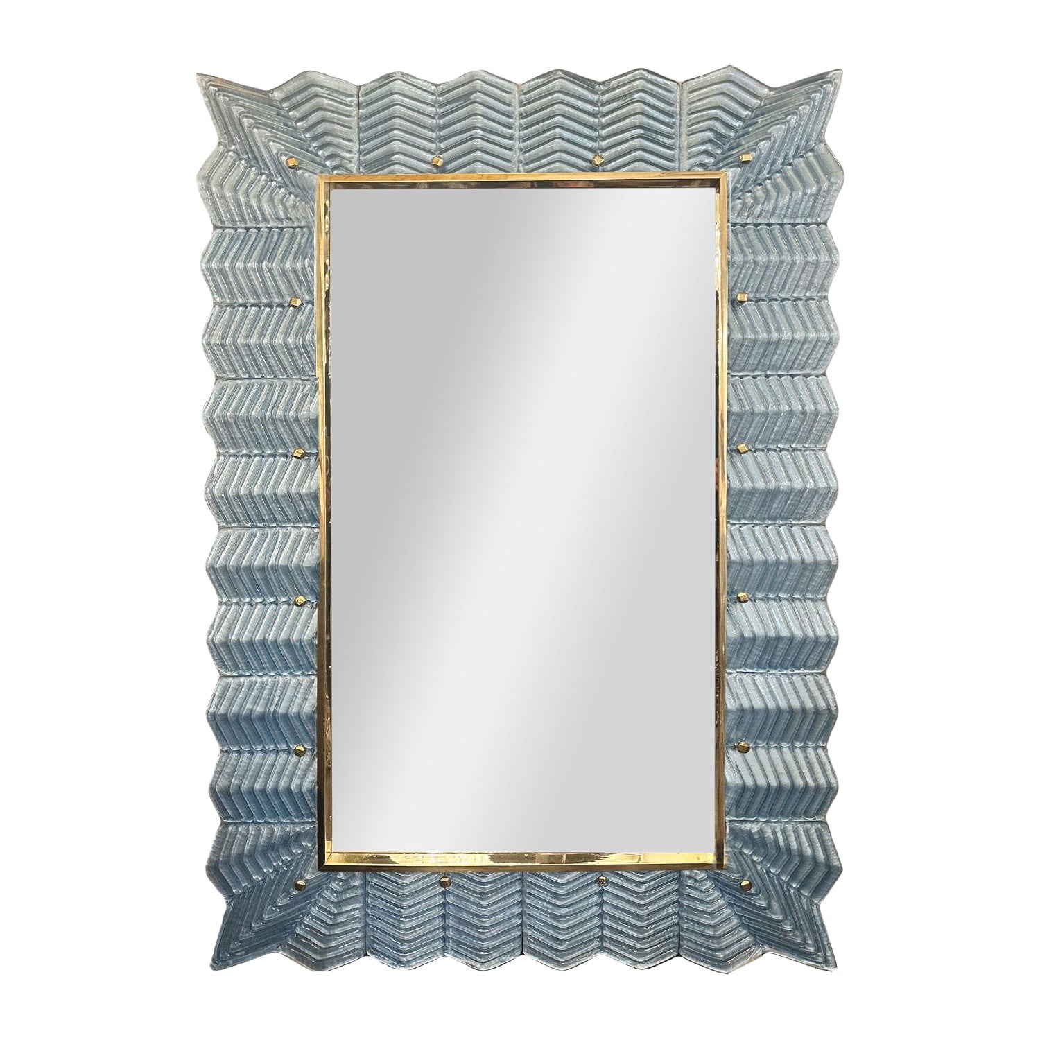 Sky Blue Murano Glass and Polished Brass Mirror
