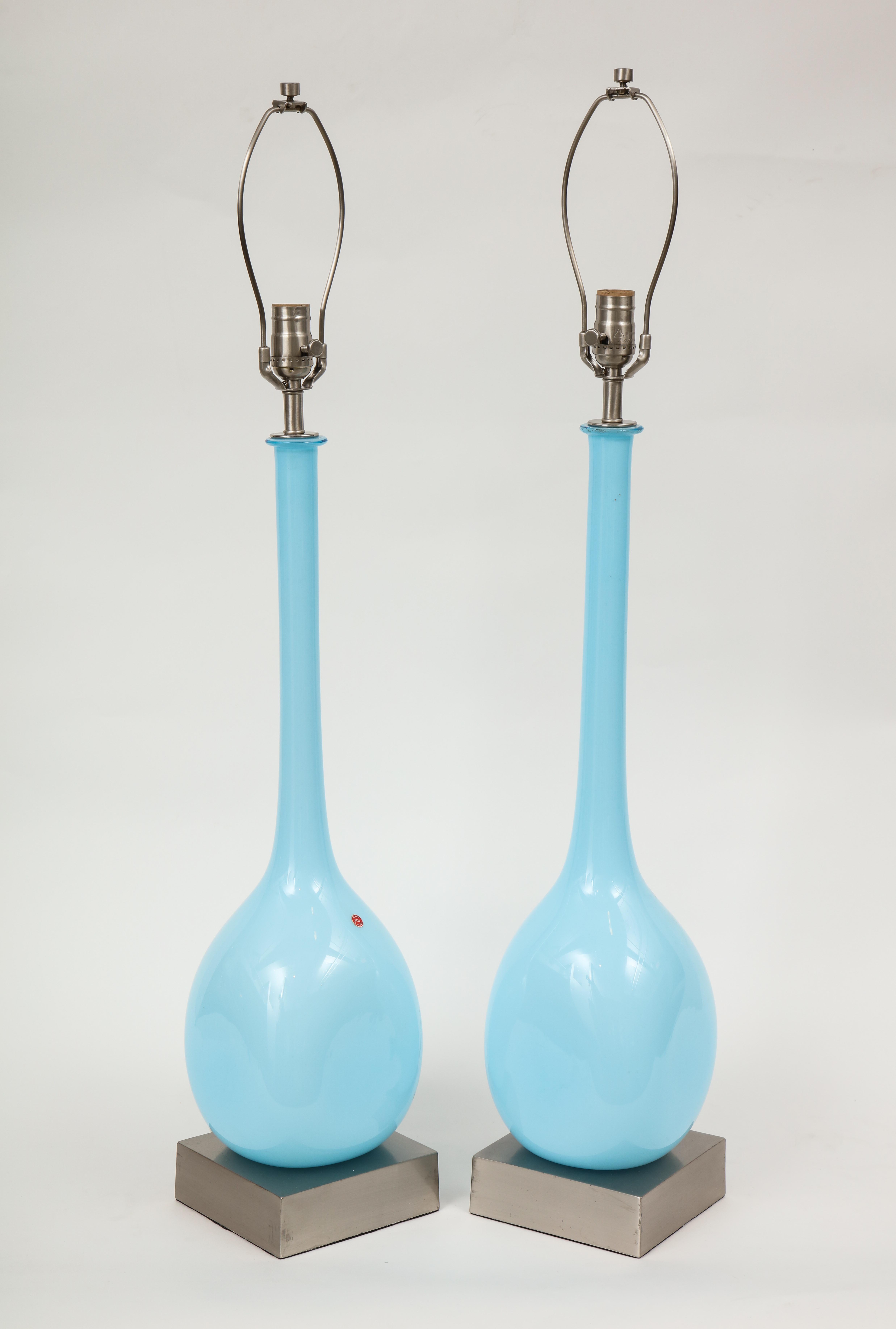 Pair of midcentury Murano glass lamps on satin nickel square platform bases. Rewired for use in the USA, 100W max.