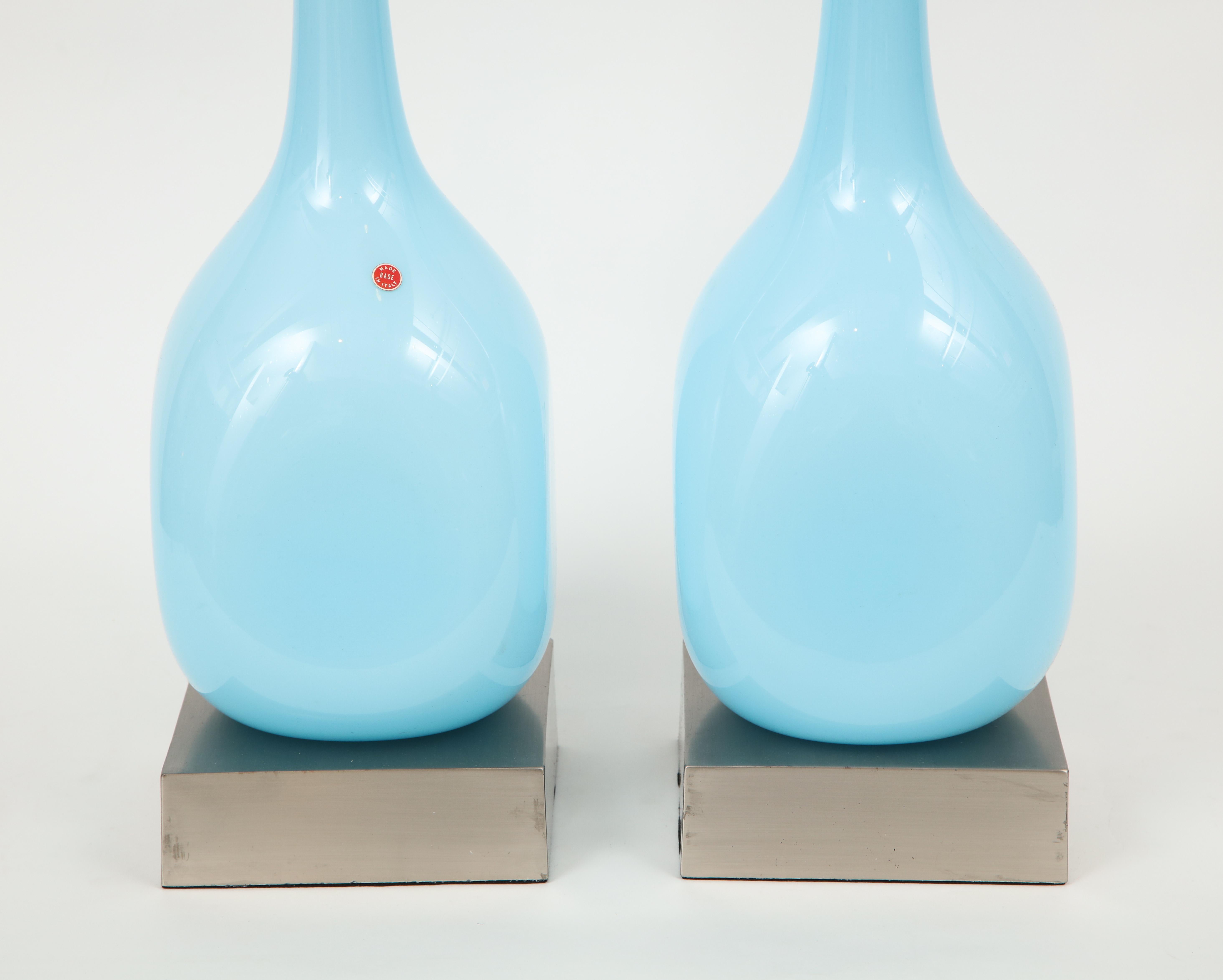 Brushed Midcentury Sky Blue Murano Glass Lamps
