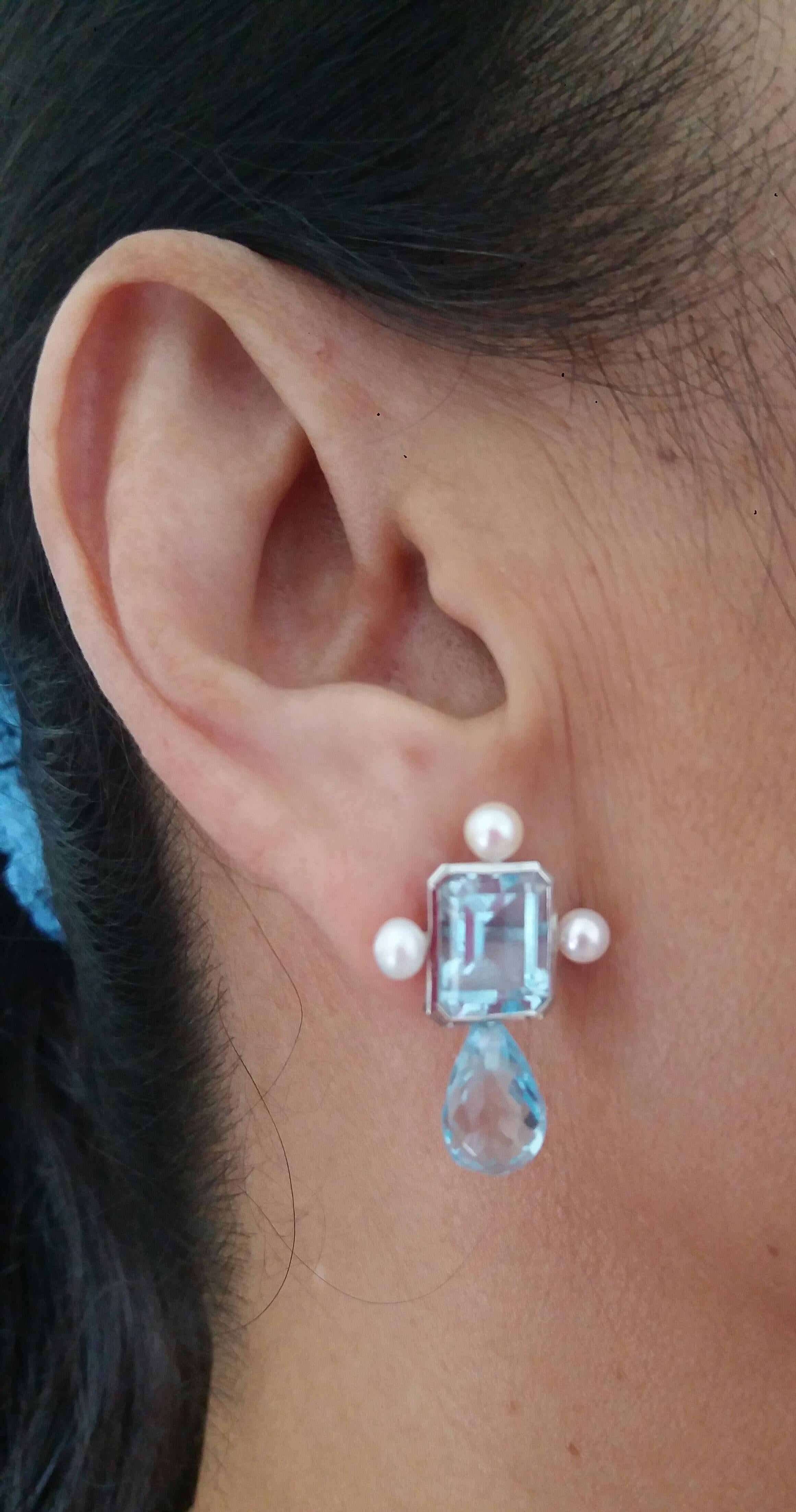 Sky Blue Octagon Topaz White Gold Faceted Blue Topaz Drops Pearls Stud Earrings For Sale 5