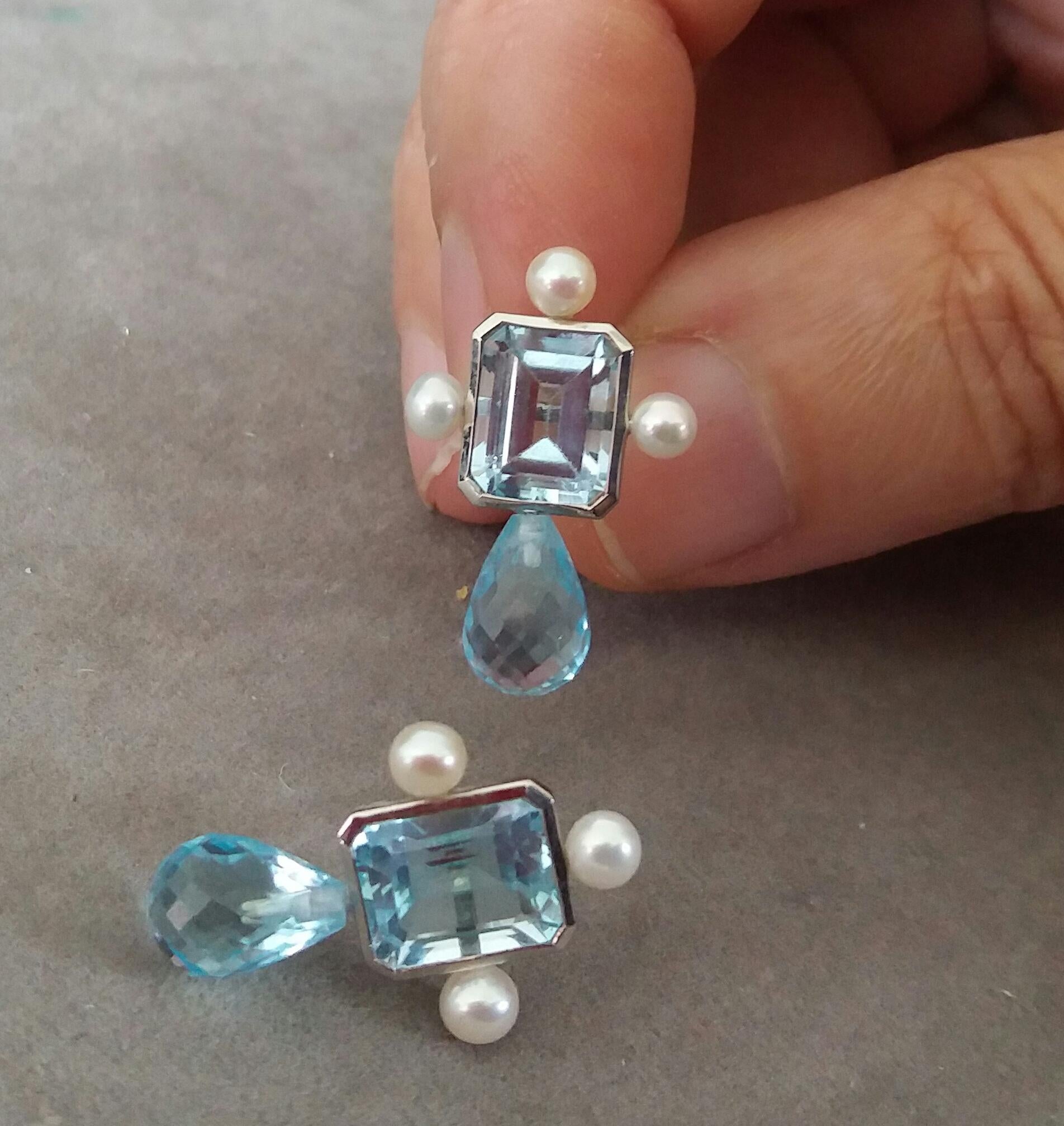 Art Deco Sky Blue Octagon Topaz White Gold Faceted Blue Topaz Drops Pearls Stud Earrings For Sale