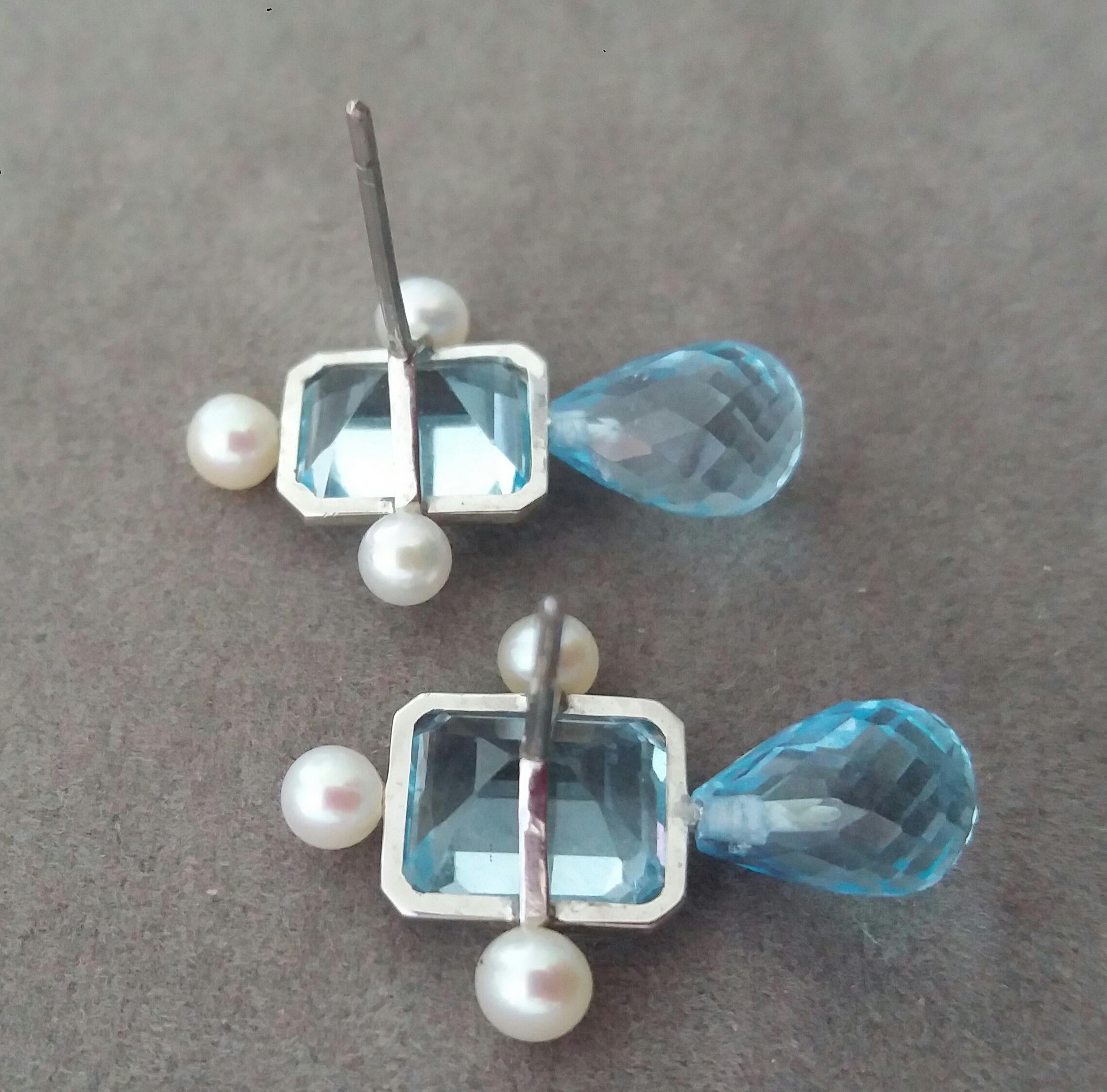 Mixed Cut Sky Blue Octagon Topaz White Gold Faceted Blue Topaz Drops Pearls Stud Earrings For Sale