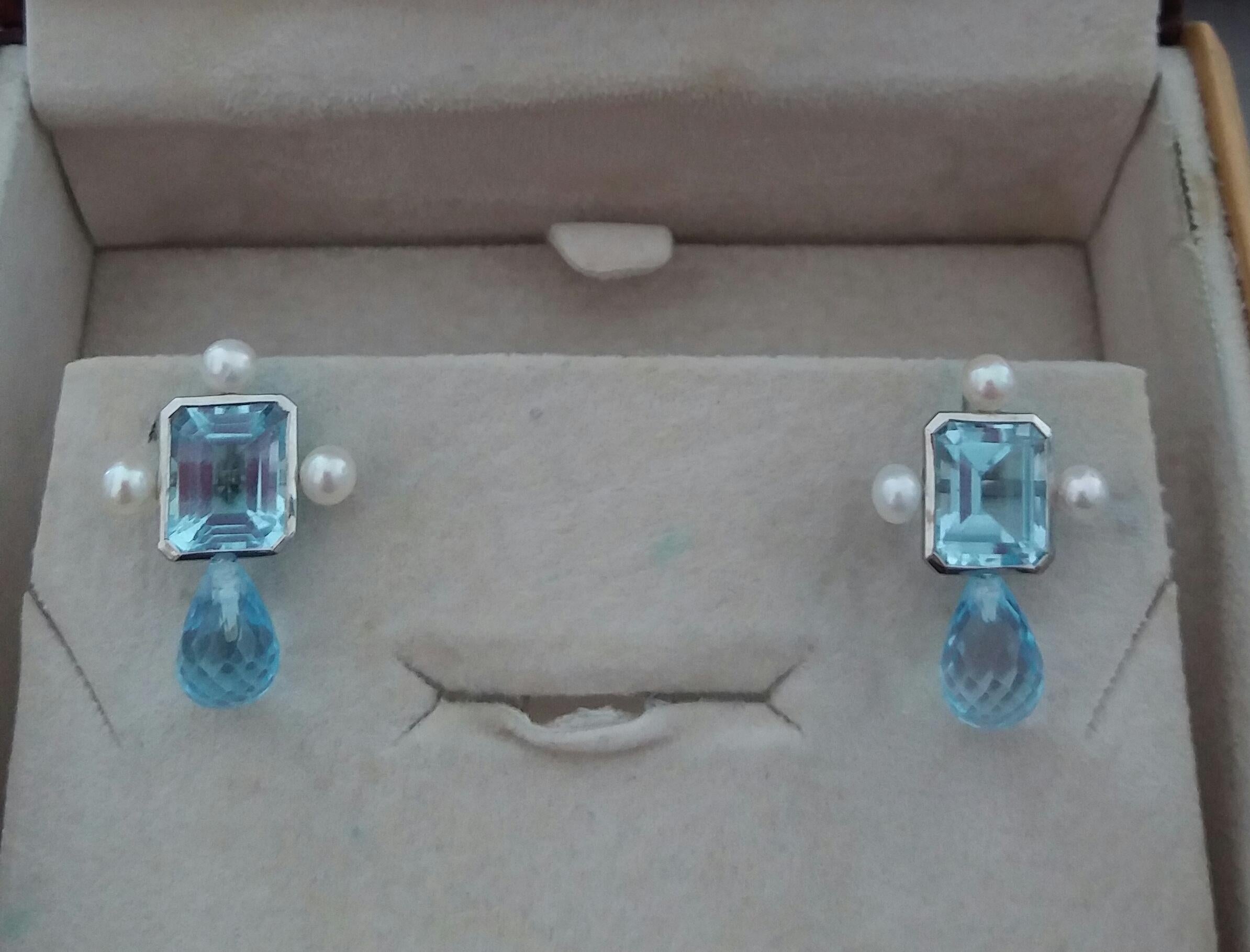 Sky Blue Octagon Topaz White Gold Faceted Blue Topaz Drops Pearls Stud Earrings In Good Condition For Sale In Bangkok, TH