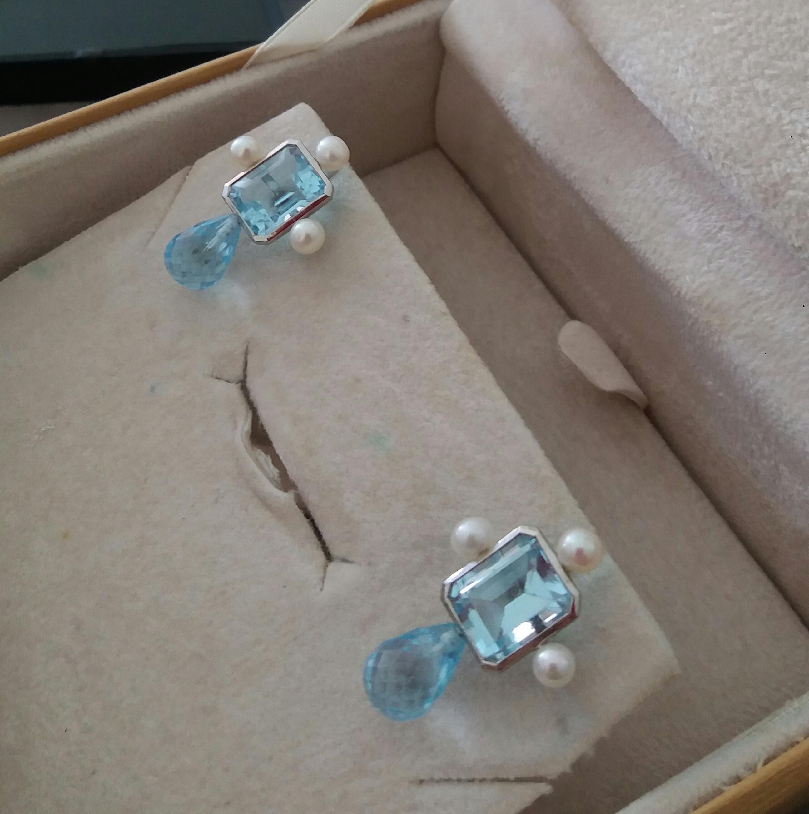 Women's Sky Blue Octagon Topaz White Gold Faceted Blue Topaz Drops Pearls Stud Earrings For Sale