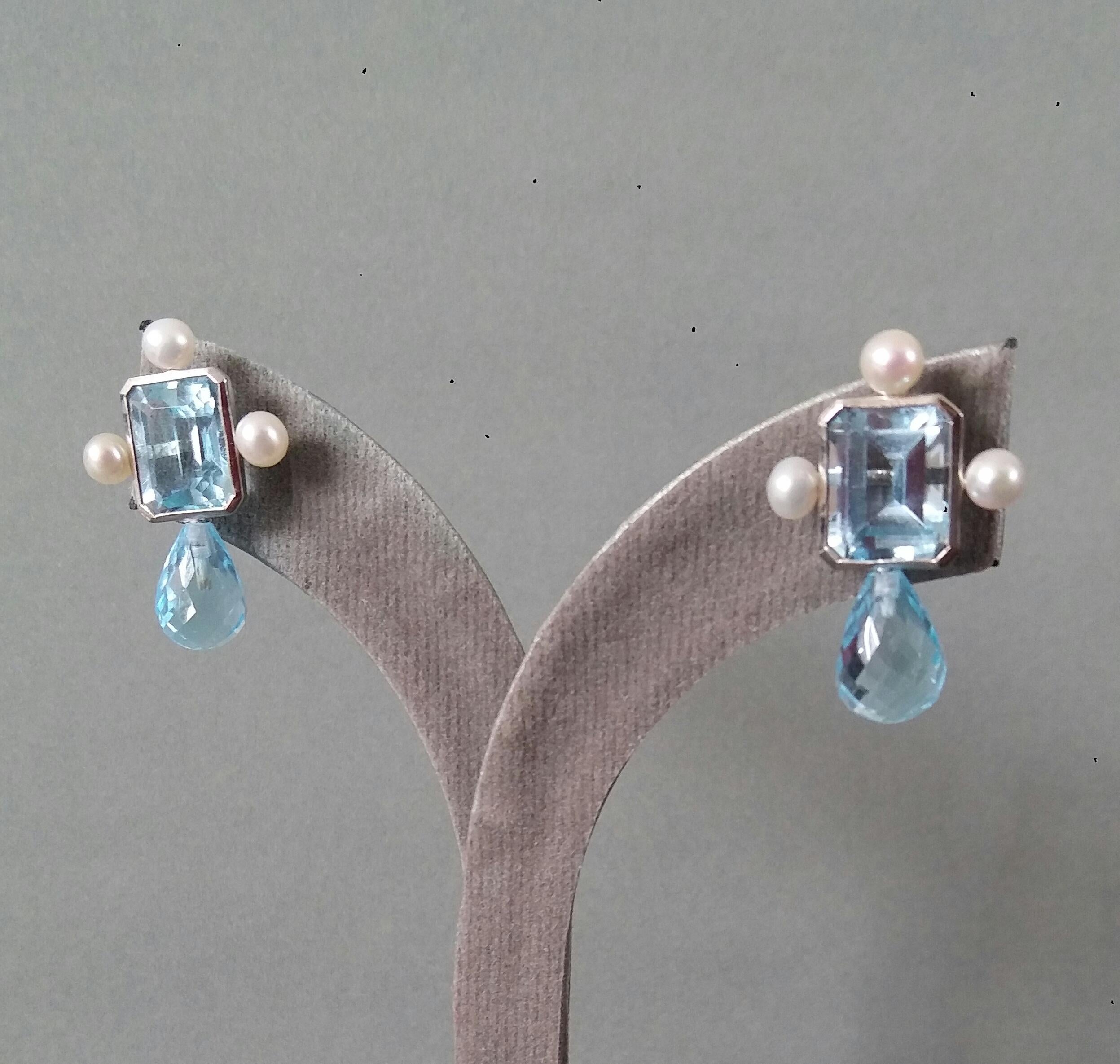 Sky Blue Octagon Topaz White Gold Faceted Blue Topaz Drops Pearls Stud Earrings For Sale 1
