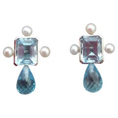 Used Sky Blue Octagon Topaz White Gold Faceted Blue Topaz Drops Pearls Stud Earrings
