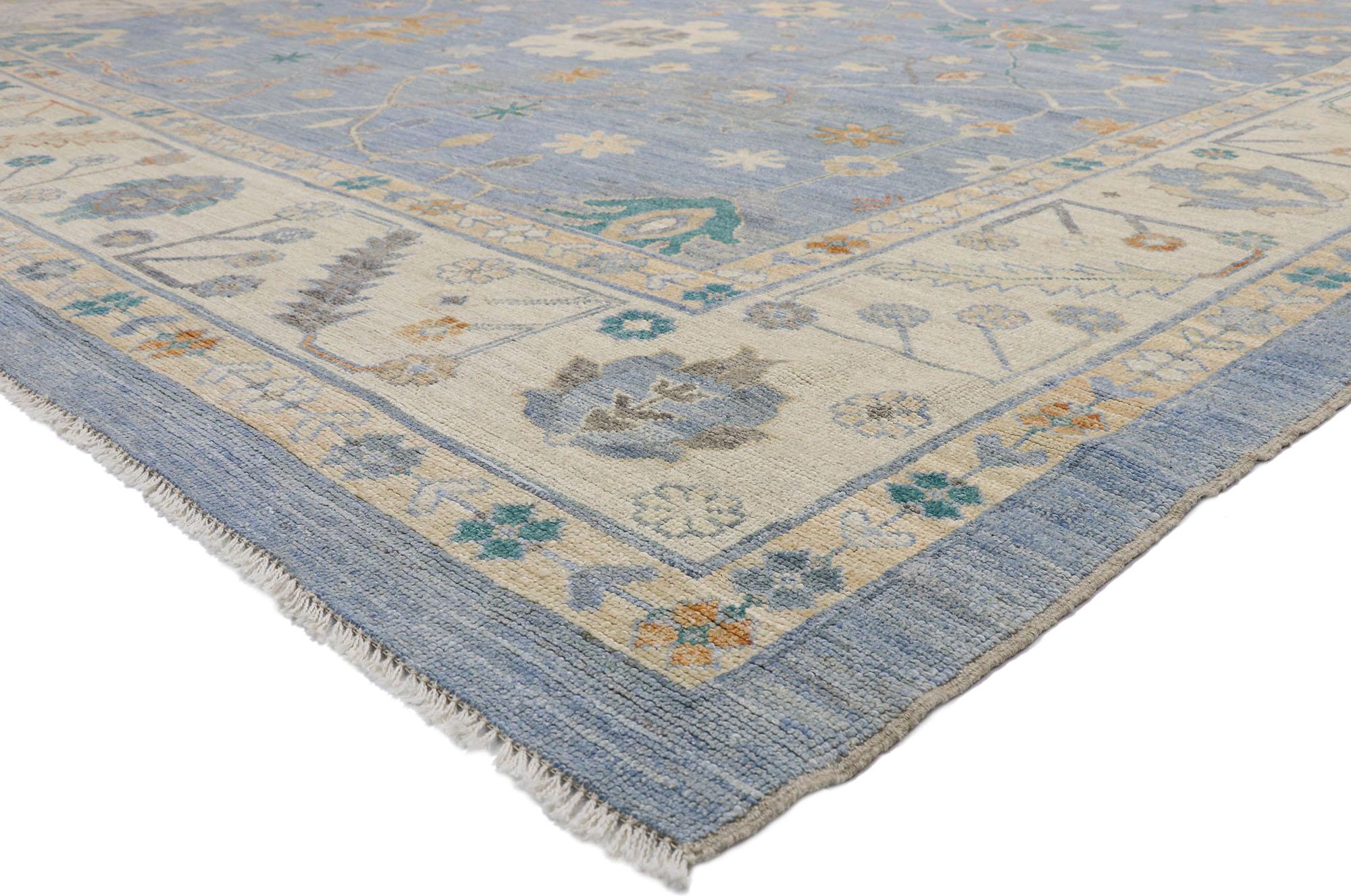 80555 New Colorful Blue Oushak Rug, 11'10 x 15'02. Blending elements from the modern world with light and airy colors, this hand-knotted wool contemporary Oushak style area rug will boost the coziness factor in nearly any space. The geometric print