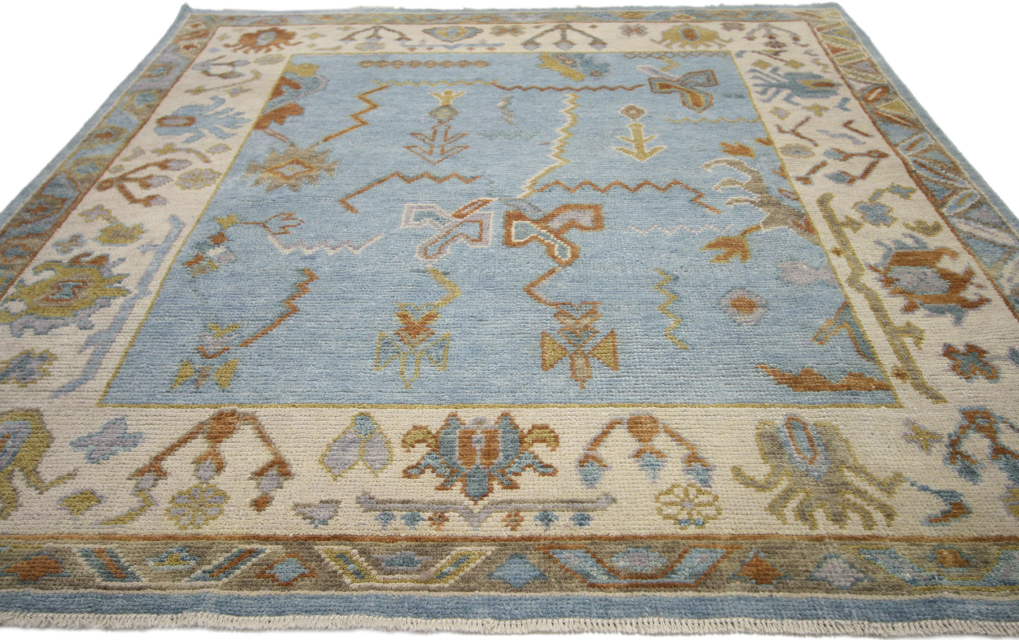 Hand-Knotted New Contemporary Sky Blue Oushak Style Rug with Modern Tribal Bohemian Design