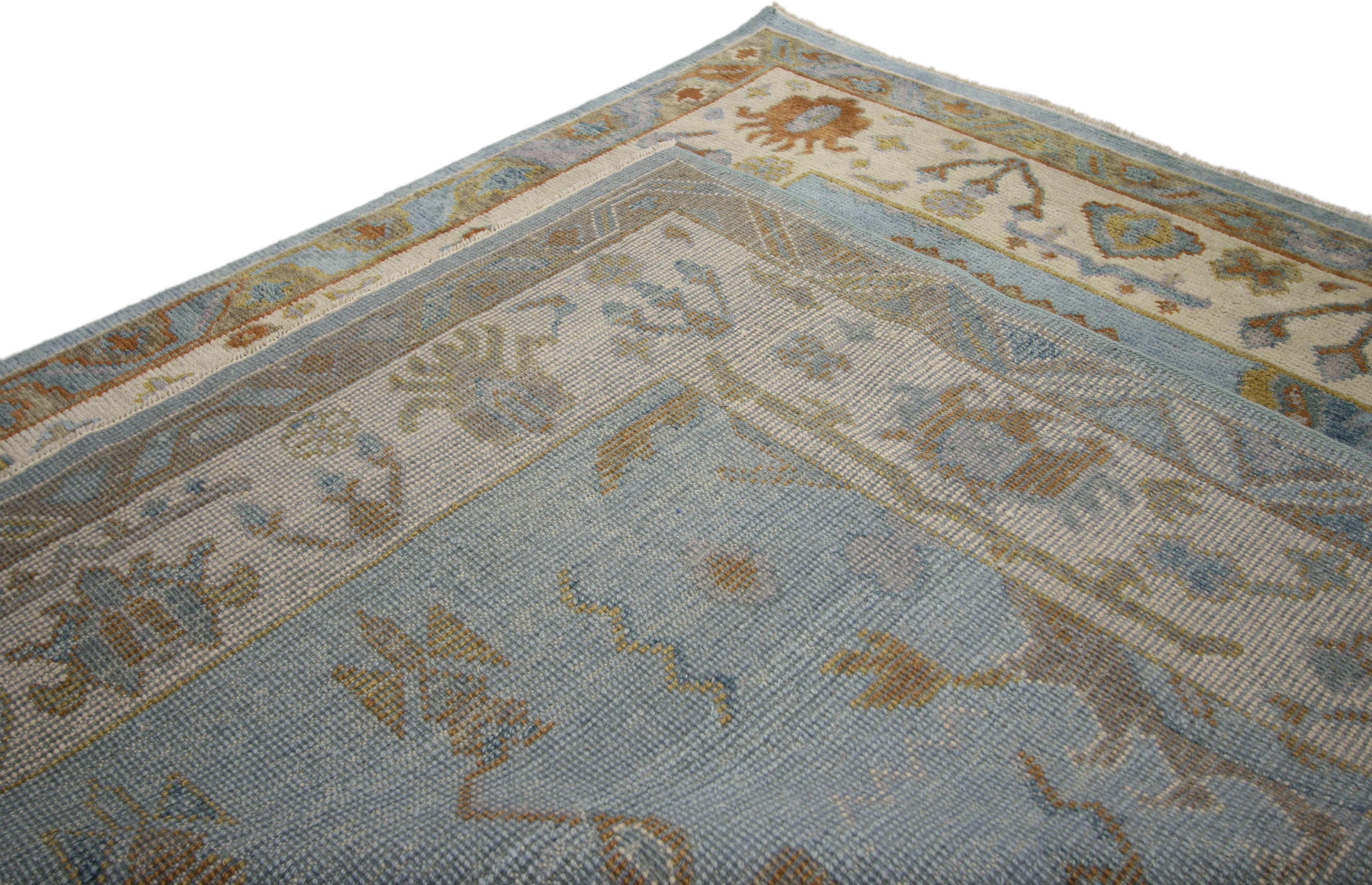 Wool New Contemporary Sky Blue Oushak Style Rug with Modern Tribal Bohemian Design
