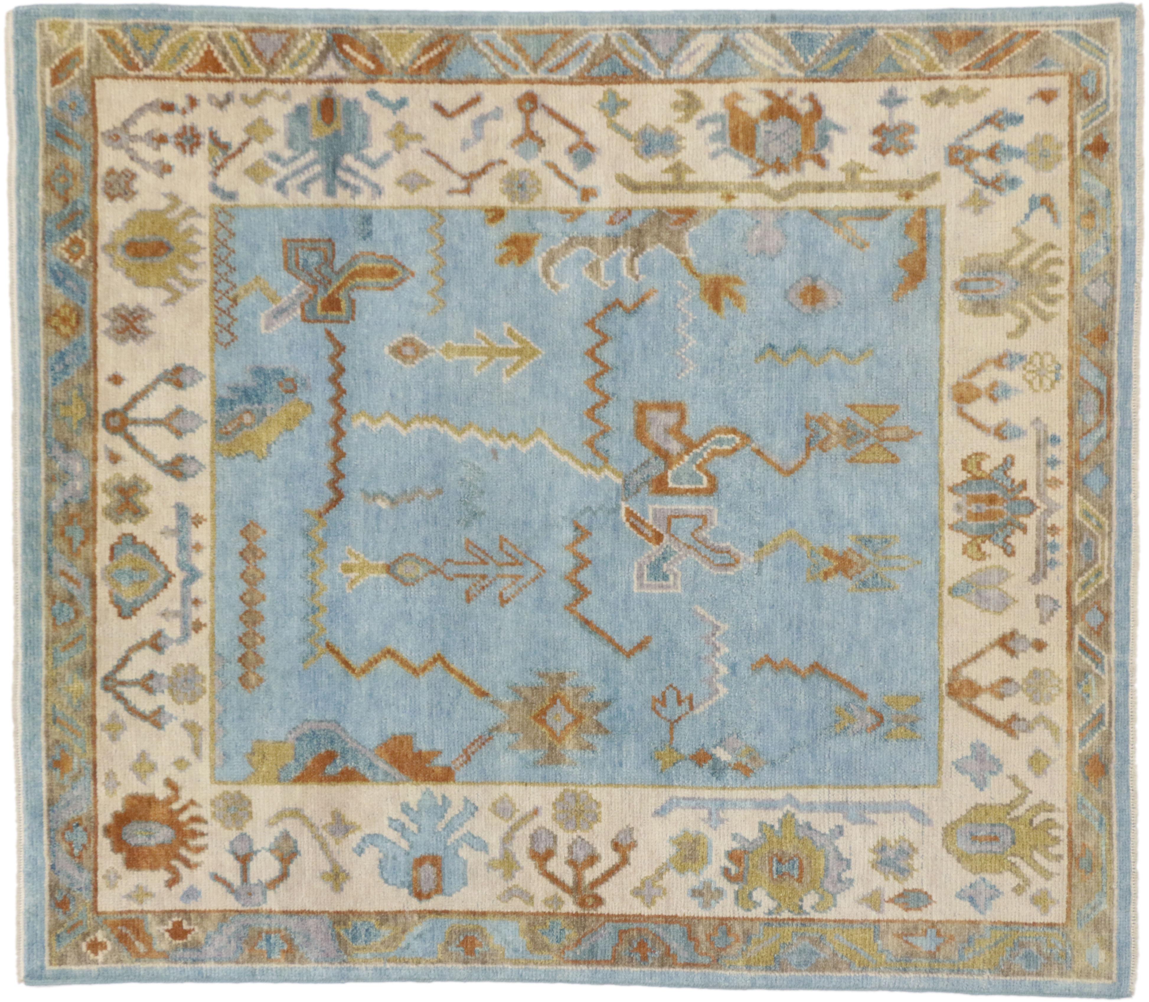 New Contemporary Sky Blue Oushak Style Rug with Modern Tribal Bohemian Design 1