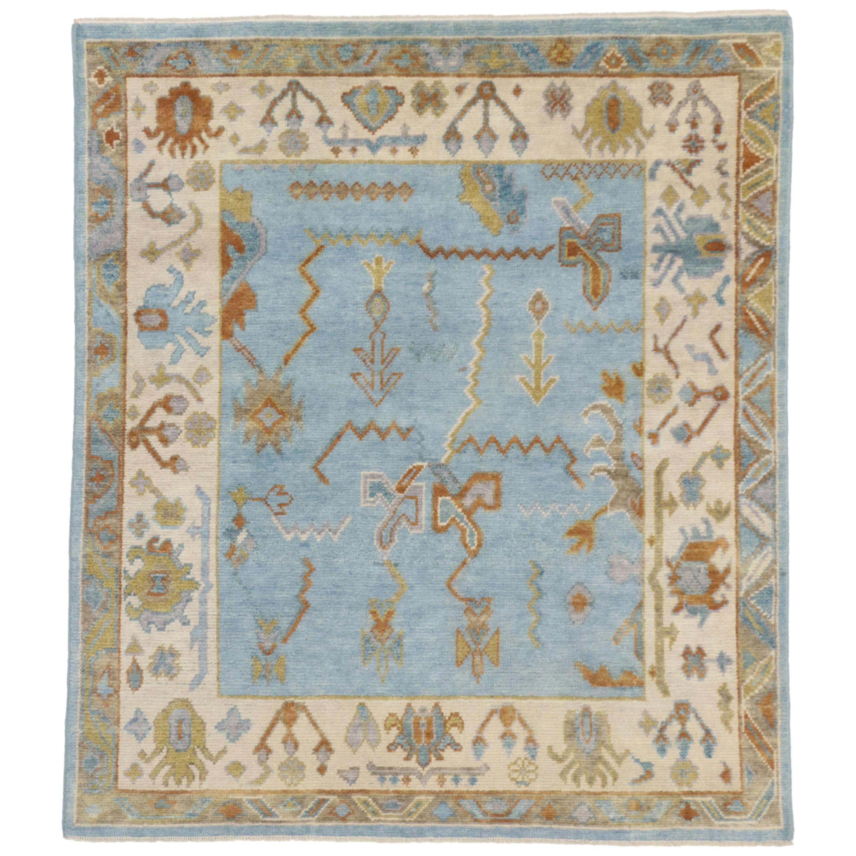 New Contemporary Sky Blue Oushak Style Rug with Modern Tribal Bohemian Design
