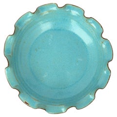 Retro Sky Blue Pottery Bowl with Ruffled Edge