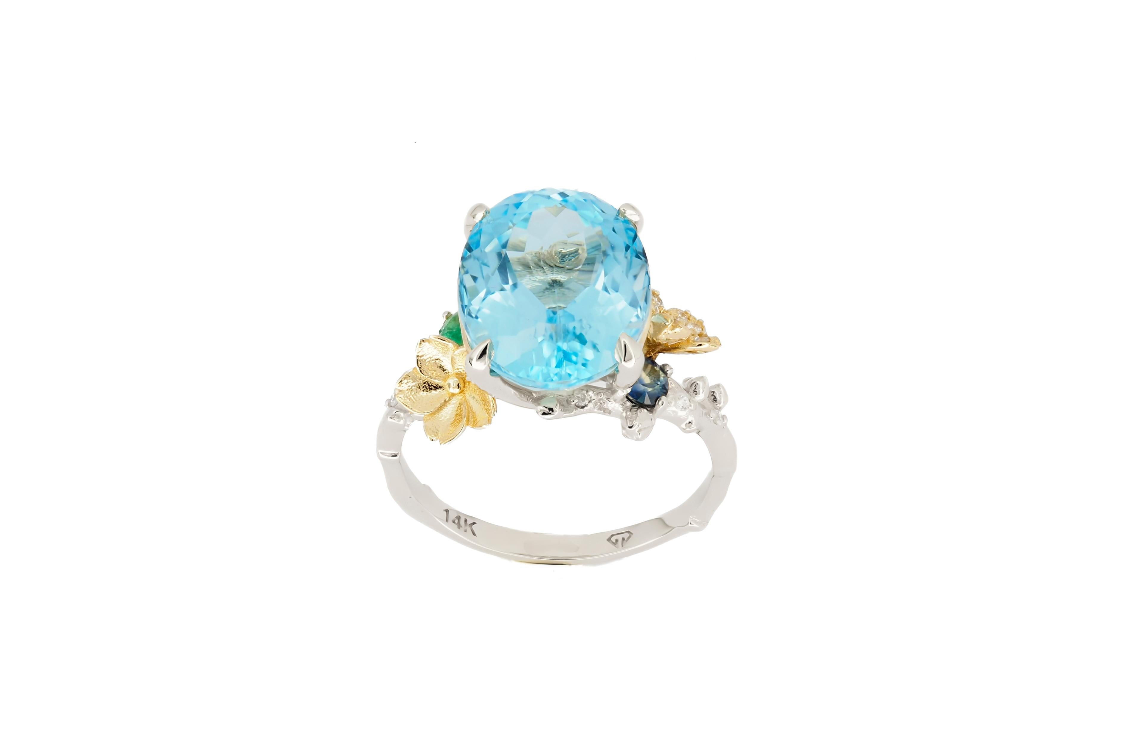 Bague en or 14 carats avec topaze bleu ciel, bague en or véritable, topaze en vente 4