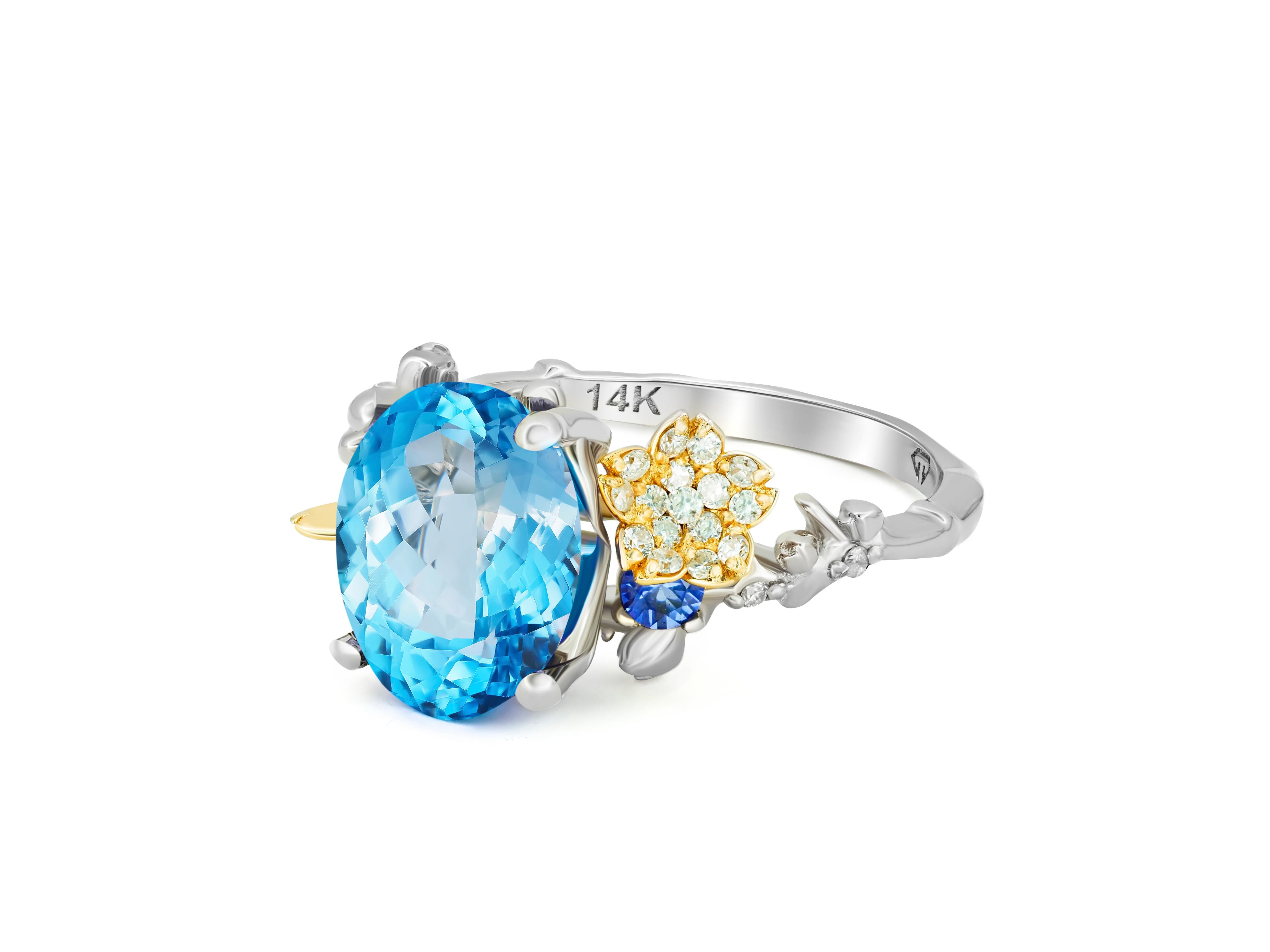 Oval Cut Sky Blue Topaz 14k Gold Ring, Genuine Topaz Ring, Topaz Gold Ring For Sale