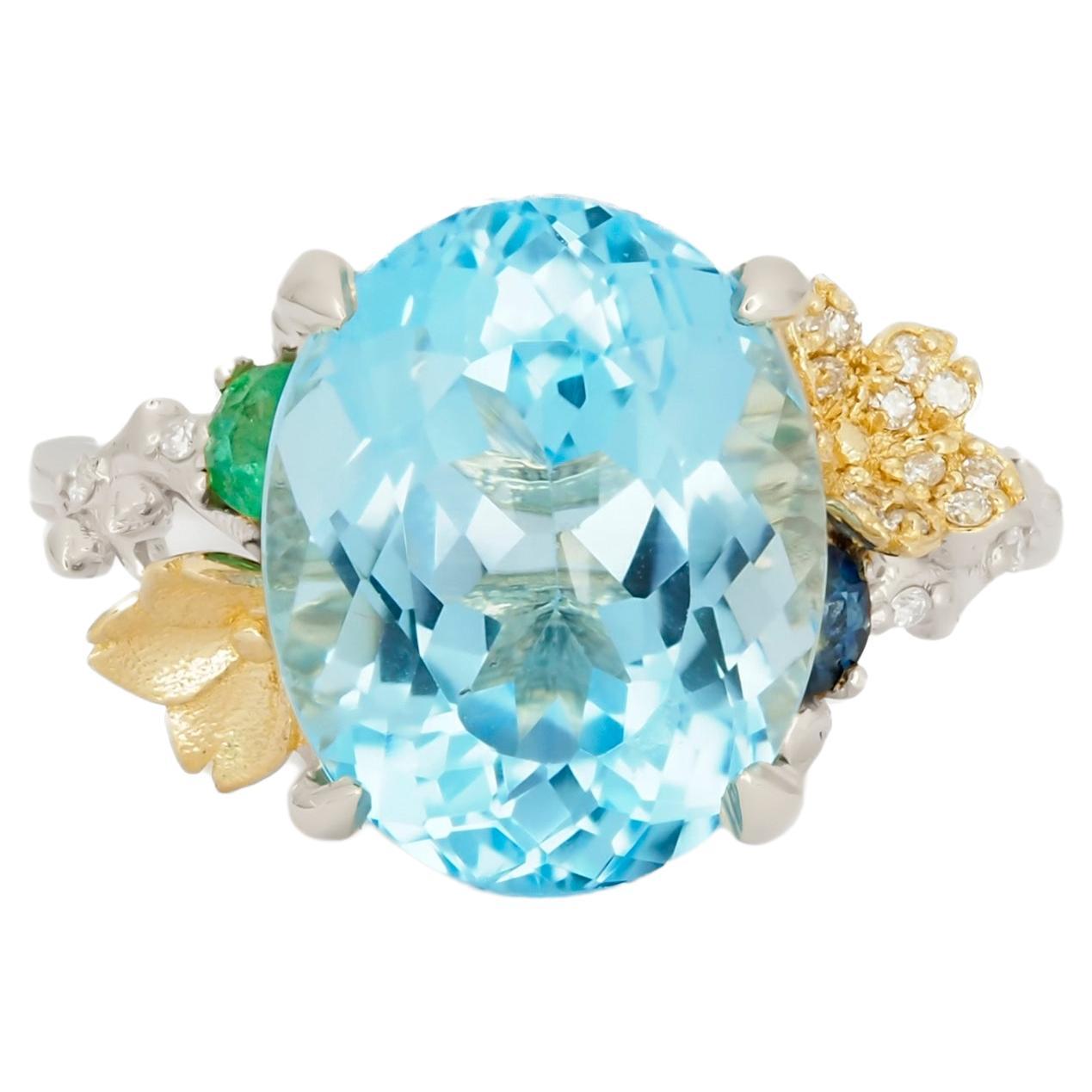 Goldring mit Himmelblauem Topas aus 14 Karat Gold, echtem Topas, Topas