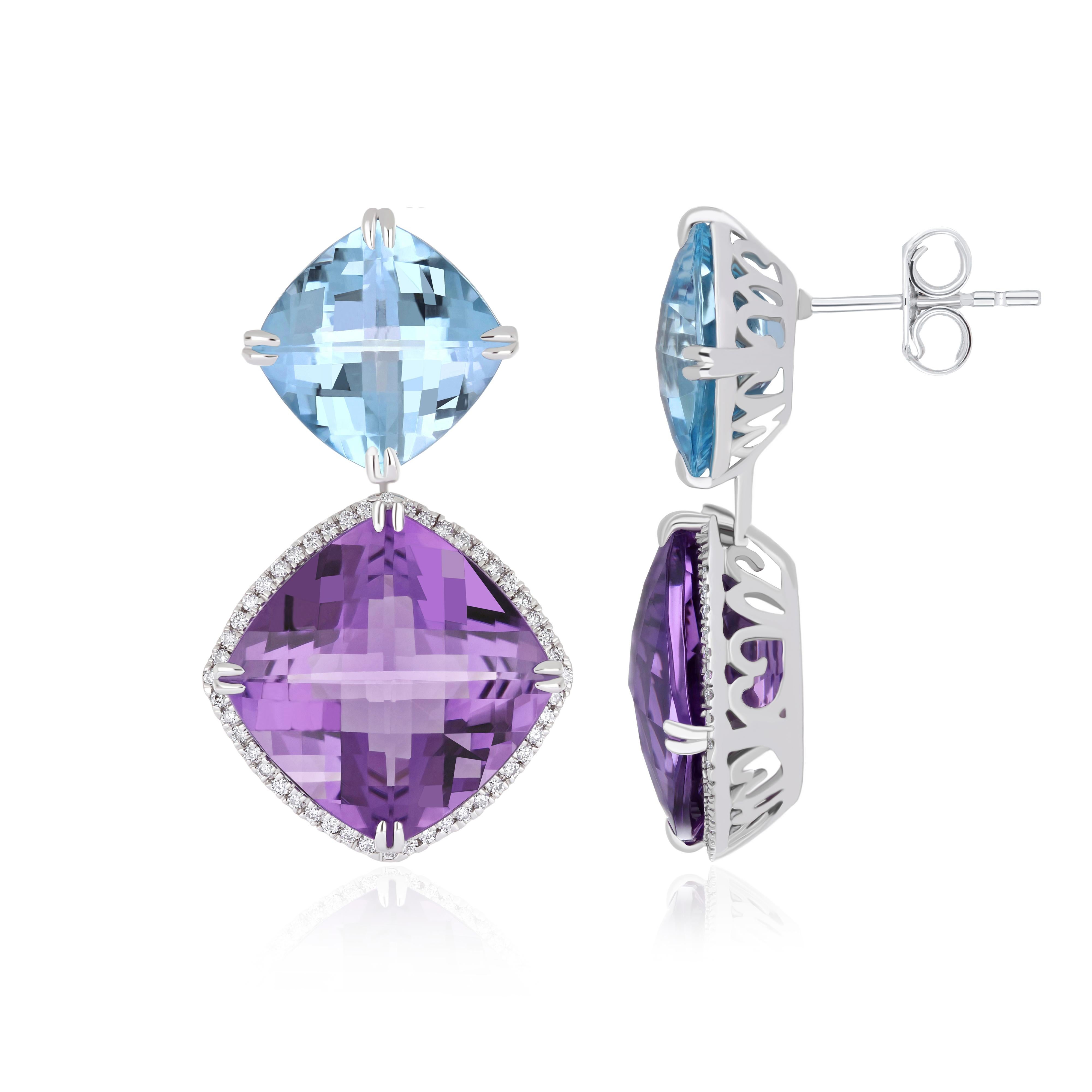 Elegant and Exquisitely Detailed White Gold Earring set with Cushion Shape Sky Blue Topaz weighing approx. 11.80Cts, and Amethyst in Cushion Shape weighing approx. 18.20Cts and Surrounded micro prove set Diamond weighing approx. 0.36Cts Beautifully