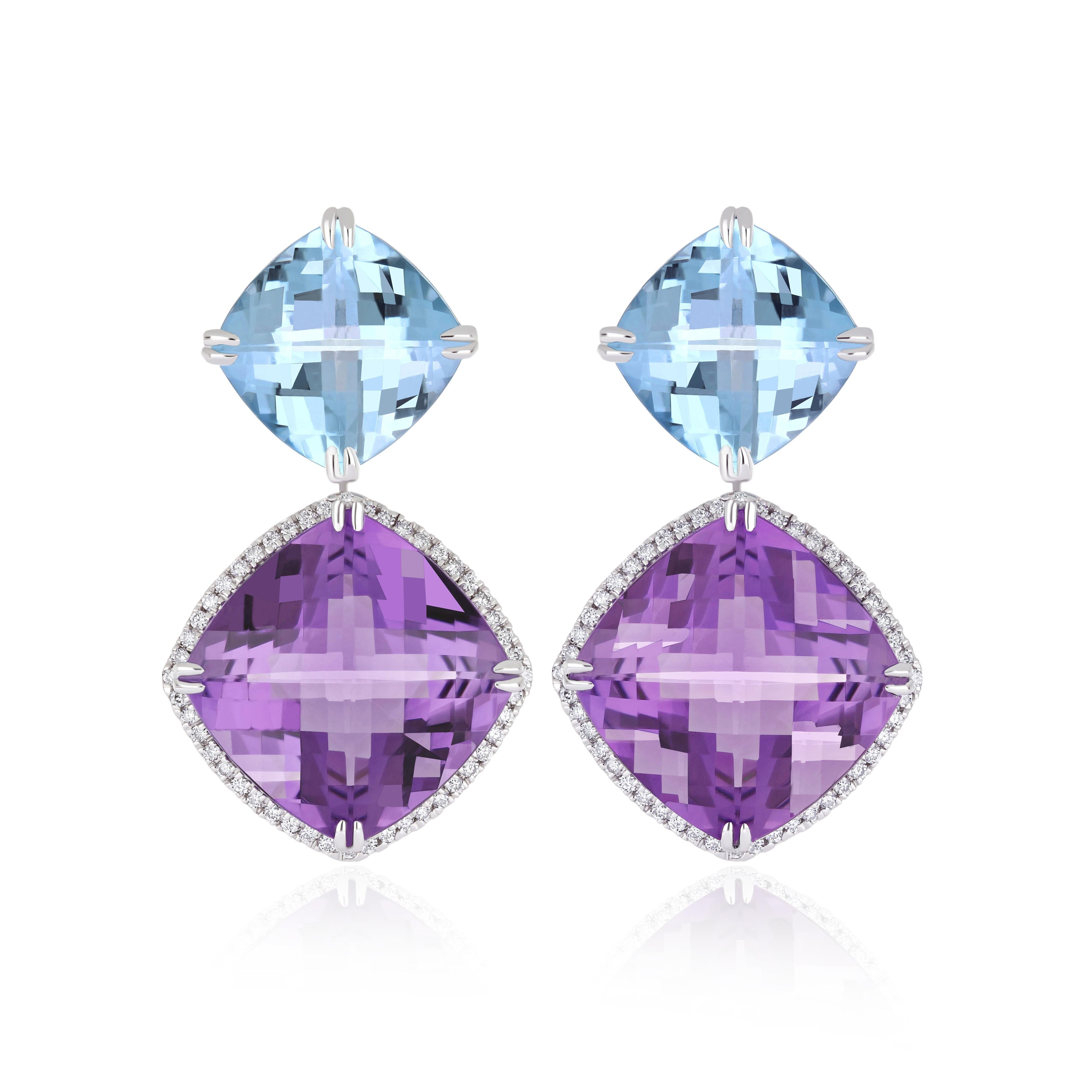 Mixed Cut Sky Blue Topaz, Amethyst & Diamond Earring in 14karat White Gold Studded Earring For Sale