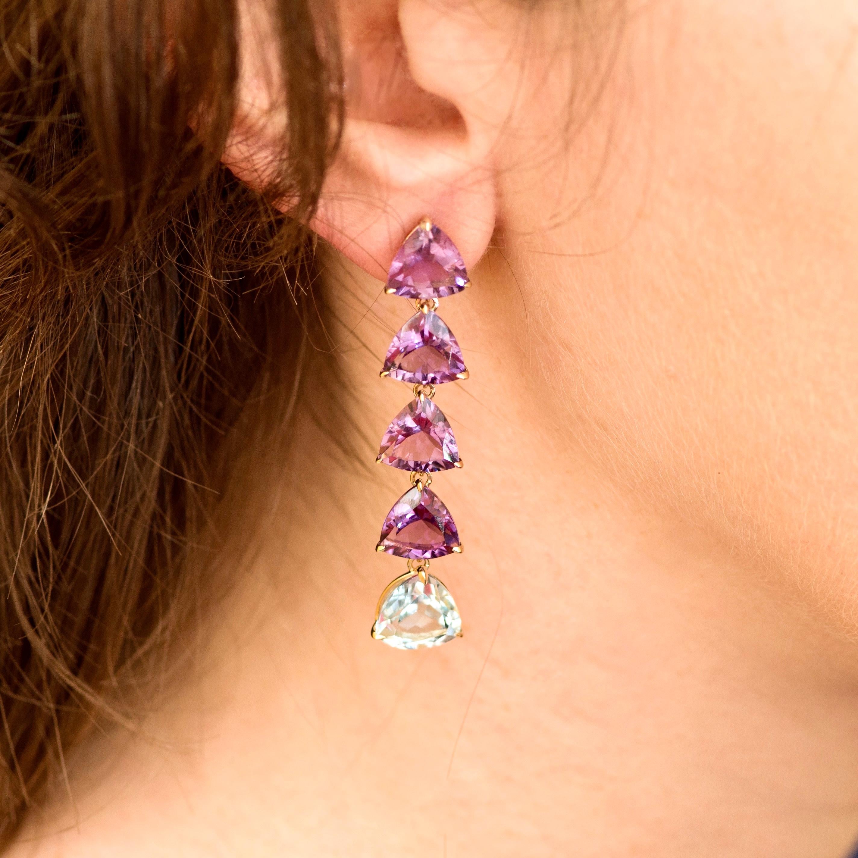 Sky Blue Topaz and Amethyst 14 Karat Yellow Gold Earrings In New Condition In Singapore, SG