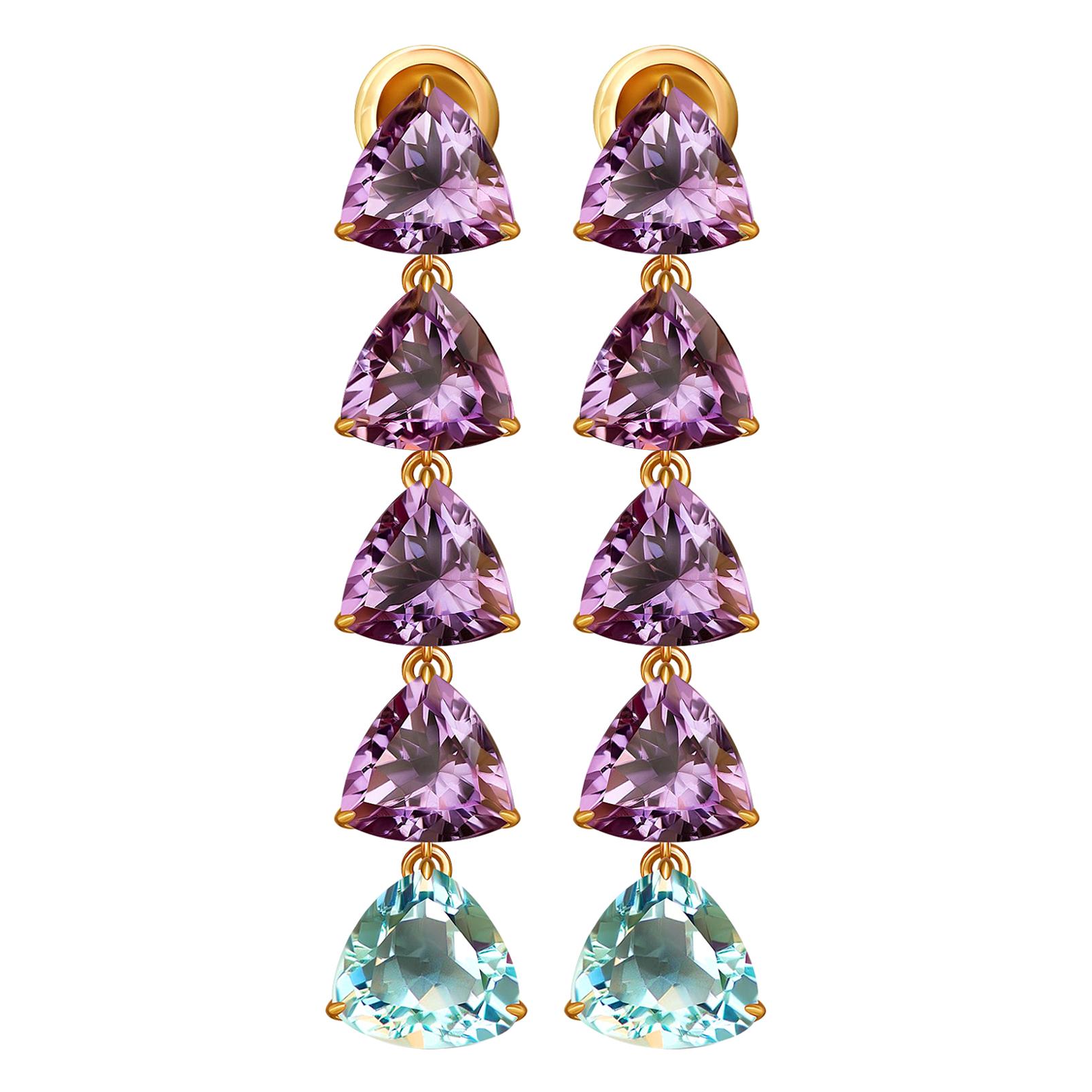 Sky Blue Topaz and Amethyst 14 Karat Yellow Gold Earrings