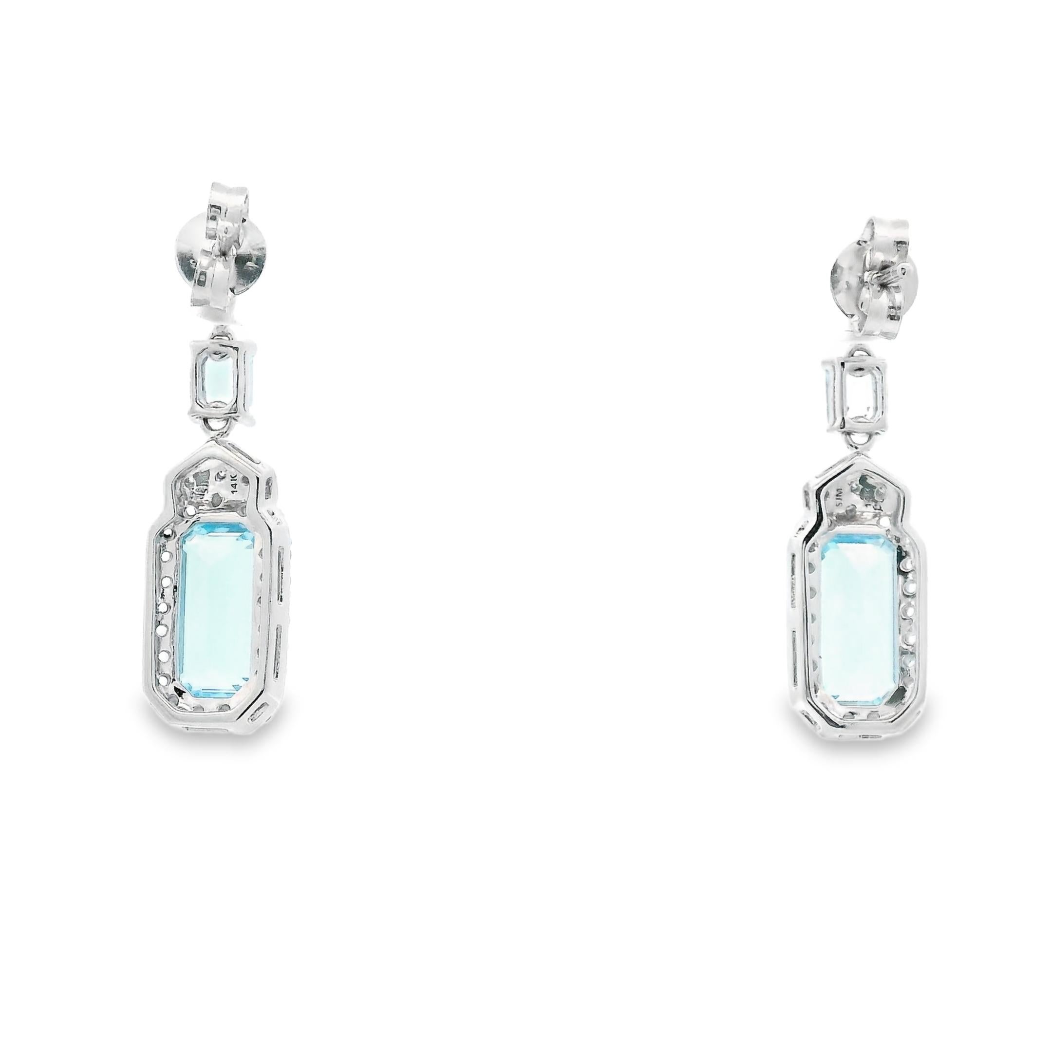 Sky Blue Topaz and Diamond Drop Earrings Art Deco in 14K White Gold Art Decó en venta