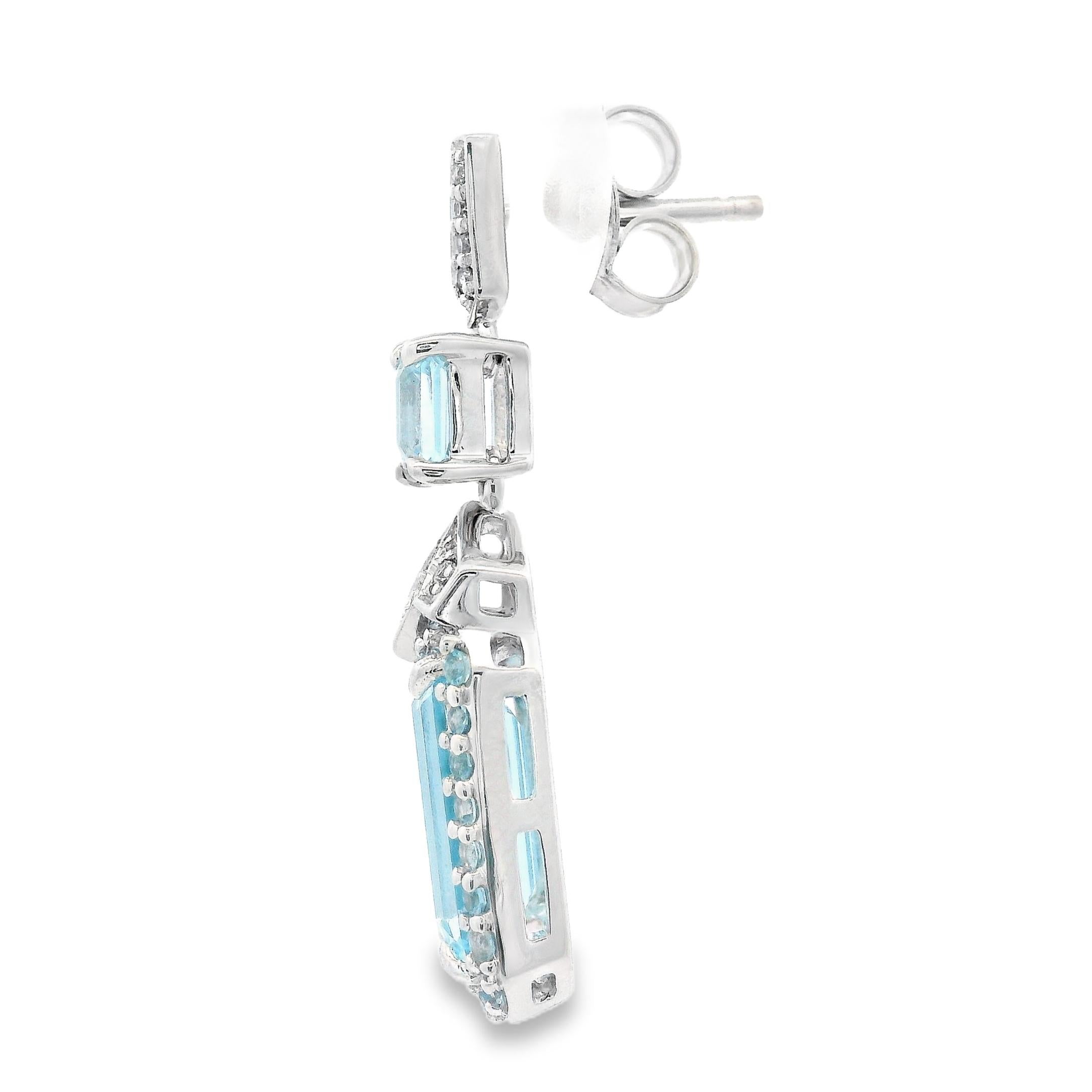 Sky Blue Topaz and Diamond Drop Earrings Art Deco in 14K White Gold Corte octogonal en venta