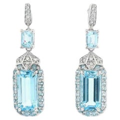 Sky Blue Topaz and Diamond Drop Earrings, Art Deco in 14K White Gold