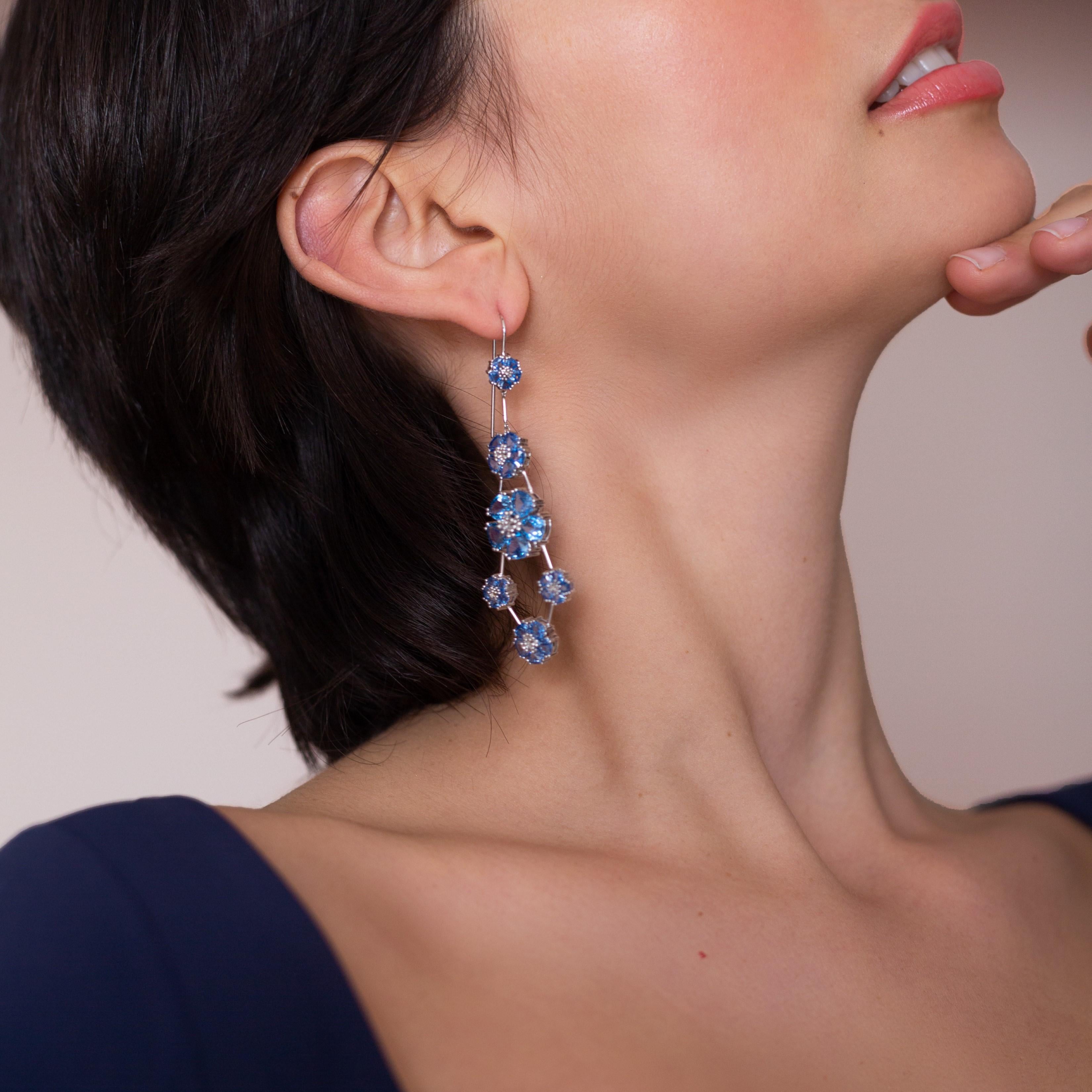 Women's Sky Blue Topaz Blossom Double-Tier Chandelier Earrings For Sale