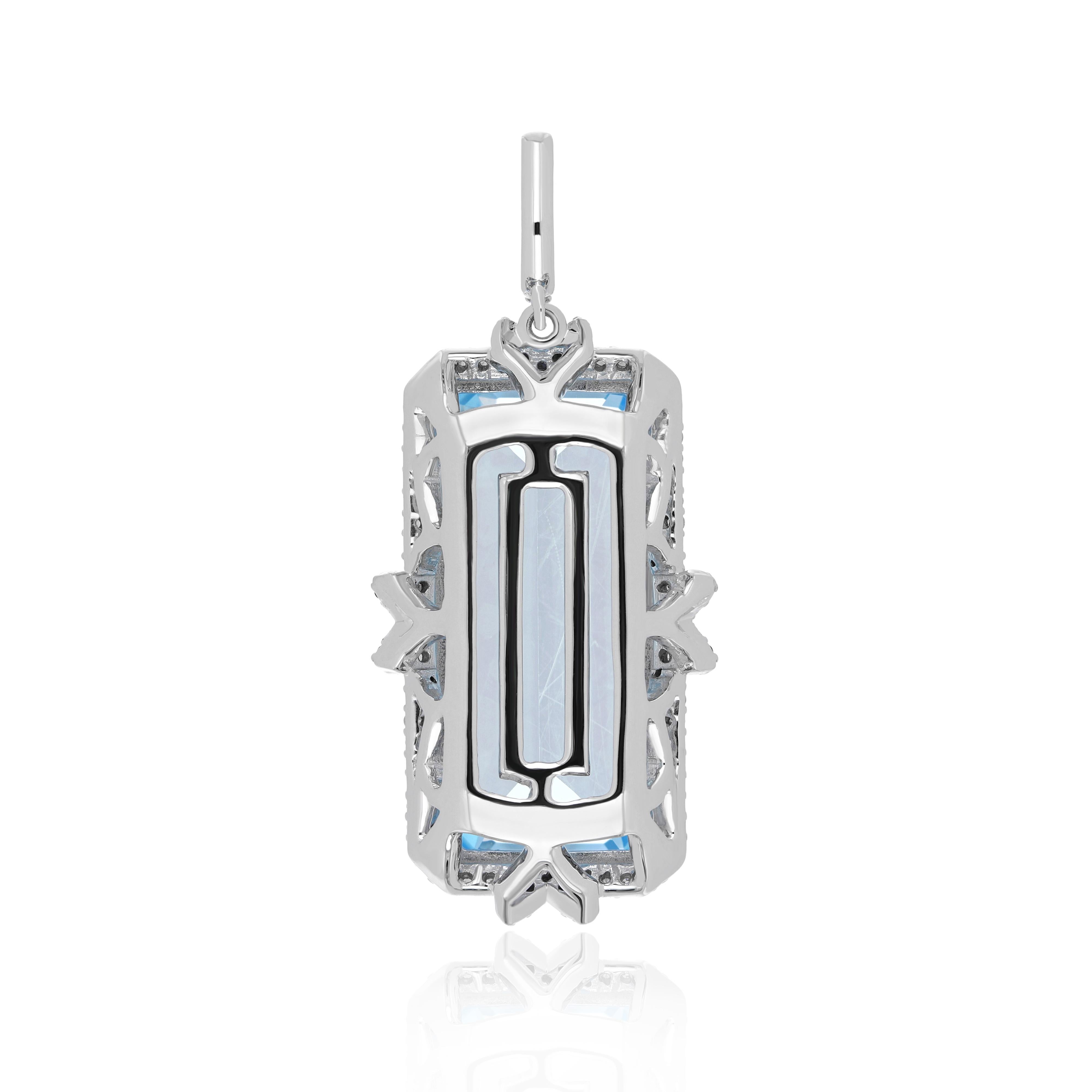 Octagon Cut Sky Blue Topaz, Blue Sapphire and Diamond Studded Pendant in 14 K White Gold For Sale