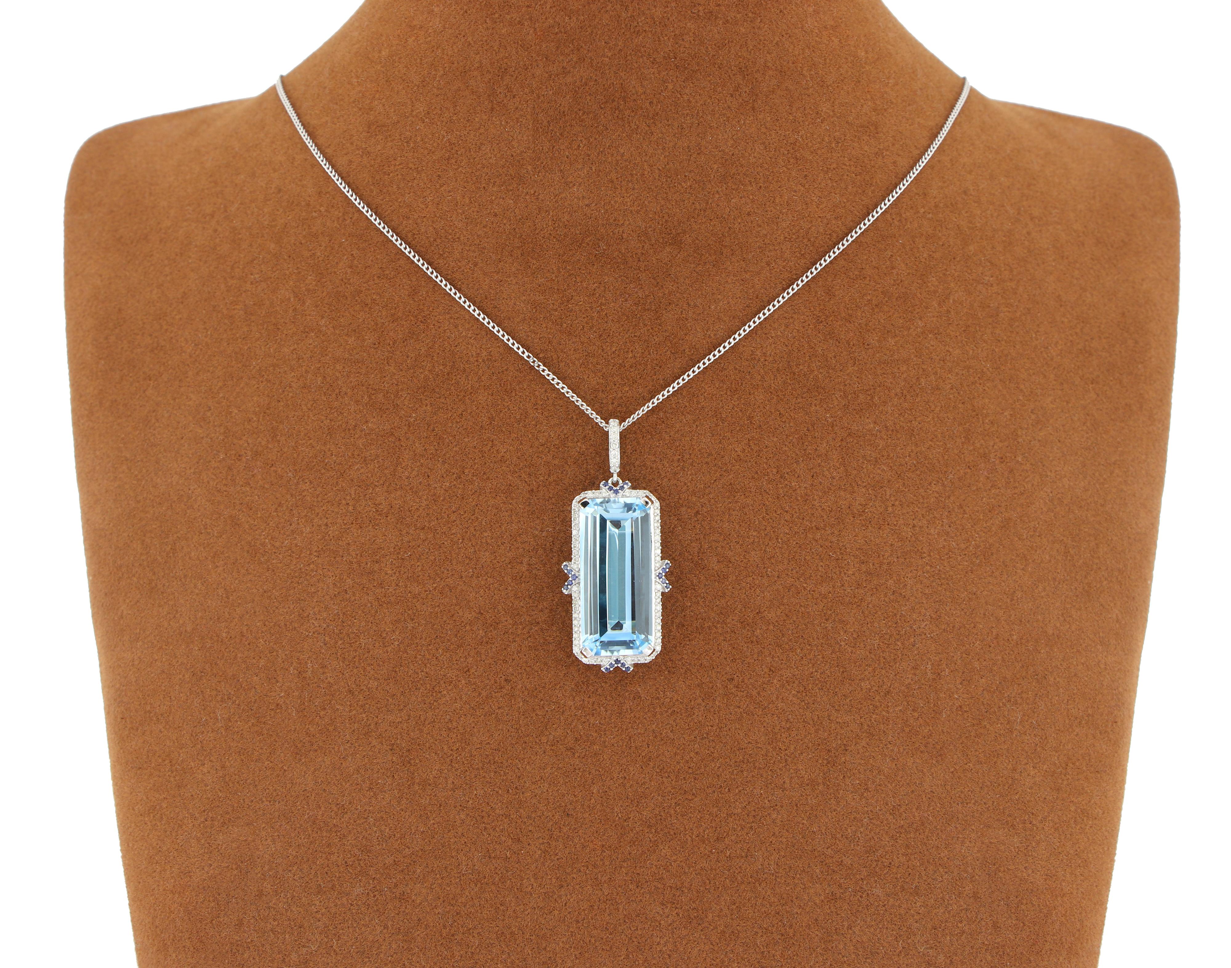 Sky Blue Topaz, Blue Sapphire and Diamond Studded Pendant in 14 K White Gold In New Condition For Sale In JAIPUR, IN