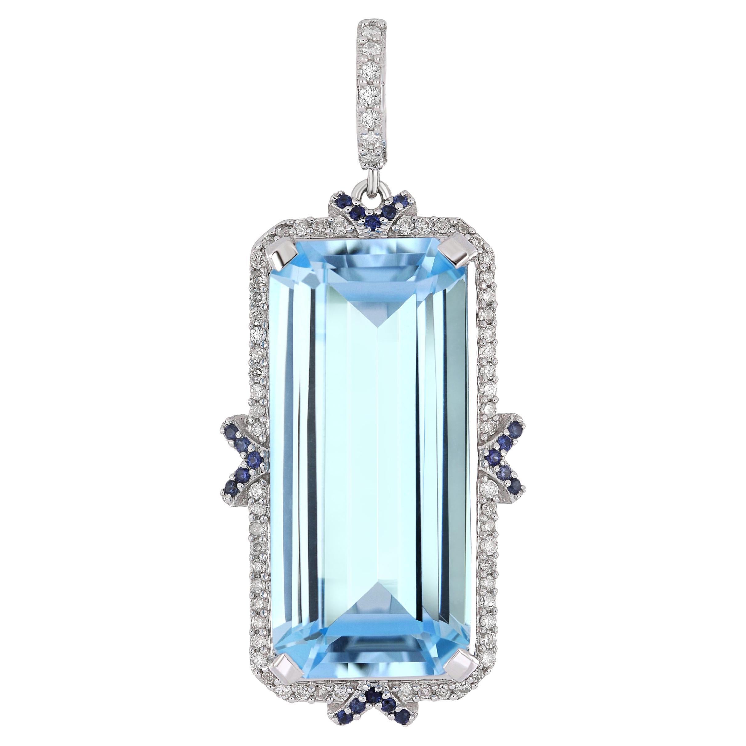 Sky Blue Topaz, Blue Sapphire and Diamond Studded Pendant in 14 K White Gold For Sale