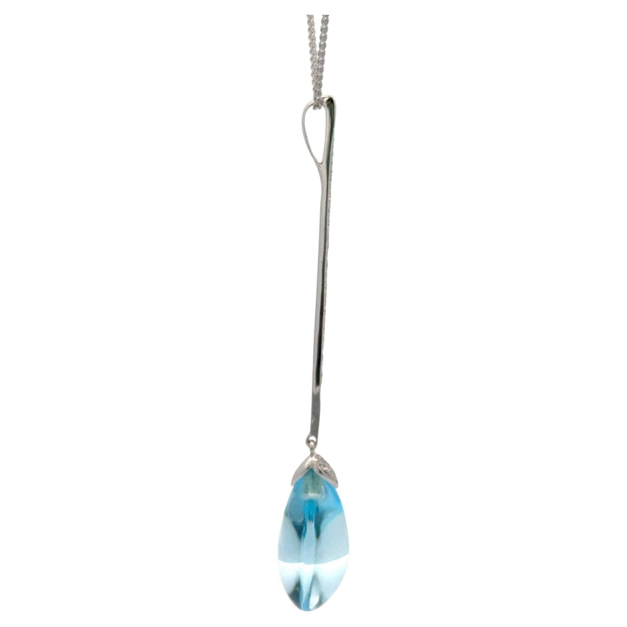 Pear Cut Sky Blue Topaz Diamond Bar Pendant Necklace 13.54 CTTW 18 Karat White Gold For Sale